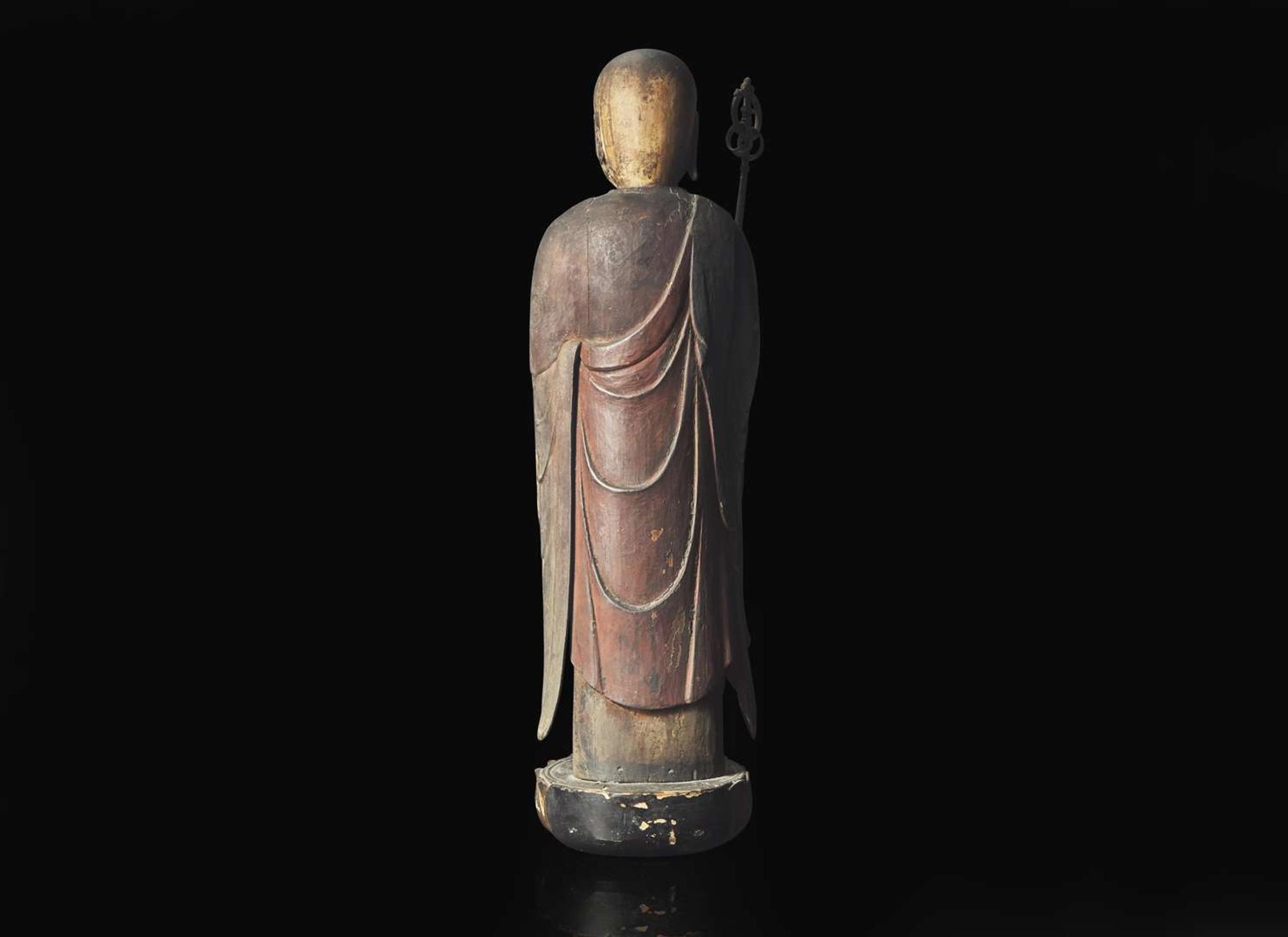 A Japanese lacquered and painted wood figure of Jizo Bosatsu, Edo period or earlier 日本漆器木雕 江戶或更早
