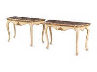 A Pair of Italian Painted and Parcel-Gilt Marble-Top Console Tables