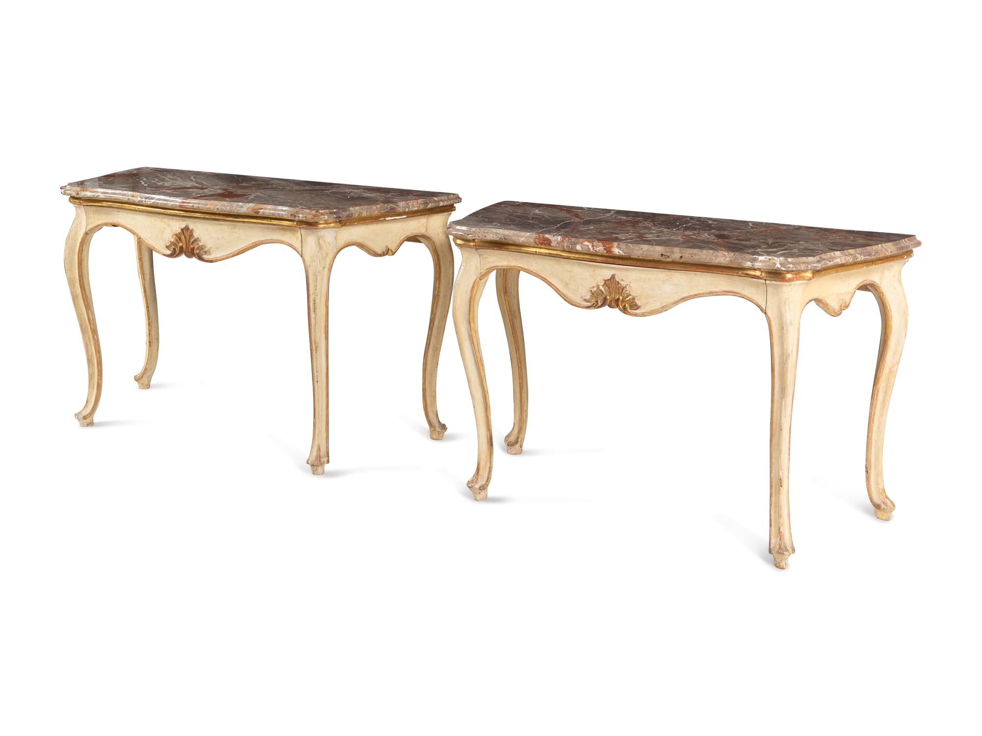 A Pair of Italian Painted and Parcel-Gilt Marble-Top Console Tables