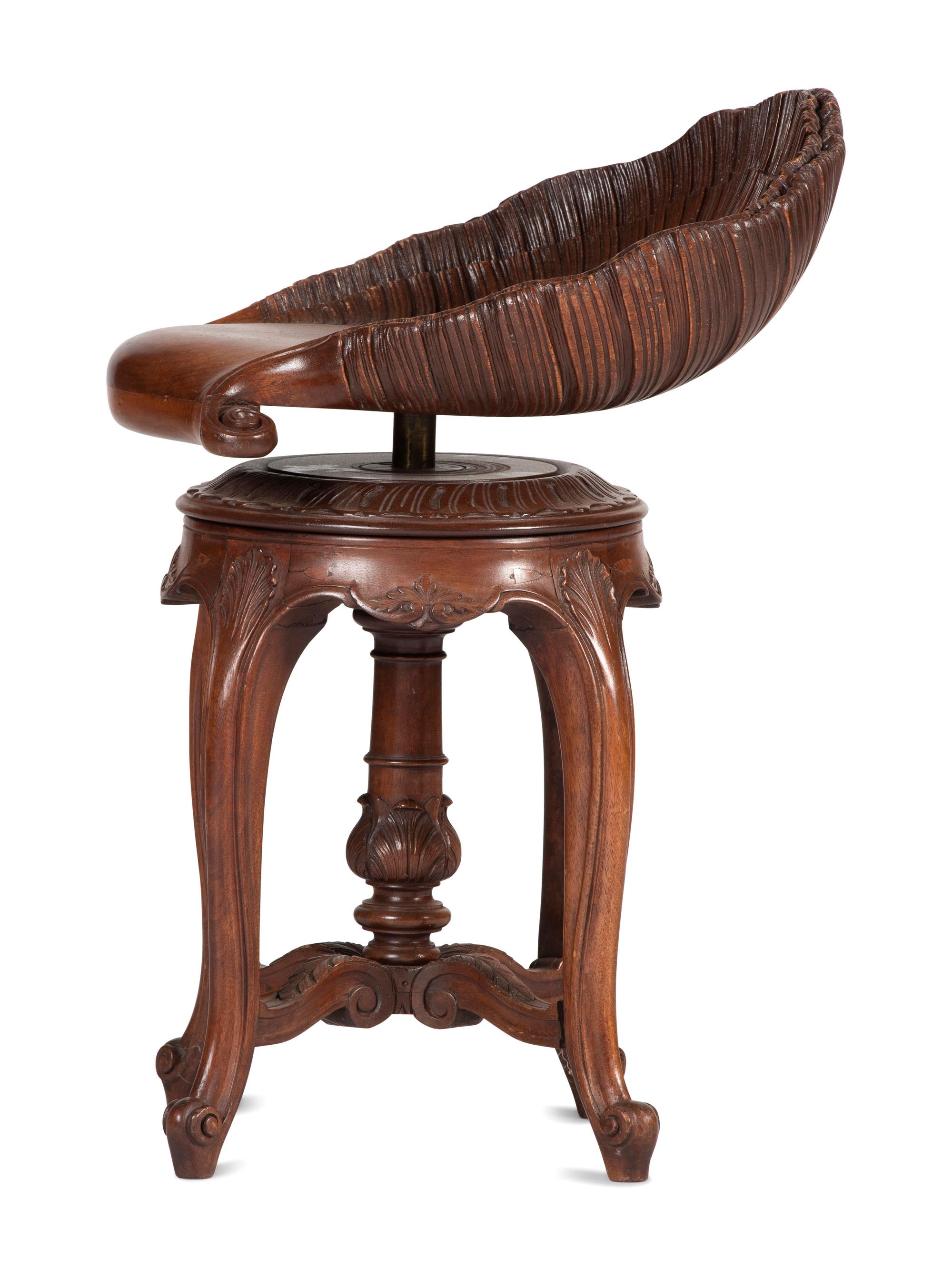 An Italian Grotto Shell-Carved Walnut Adjustable Music Stool
