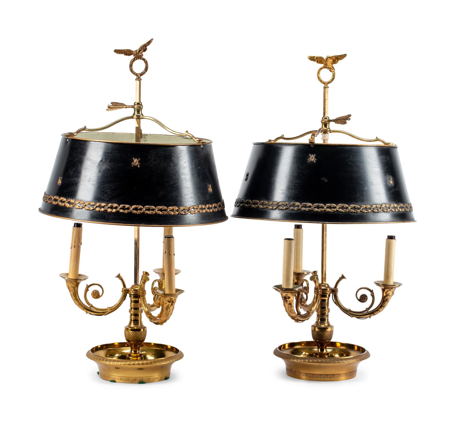 A Pair of Empire Style Brass Bouillotte Lamps with Tole Shades