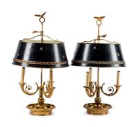 A Pair of Empire Style Brass Bouillotte Lamps with Tole Shades