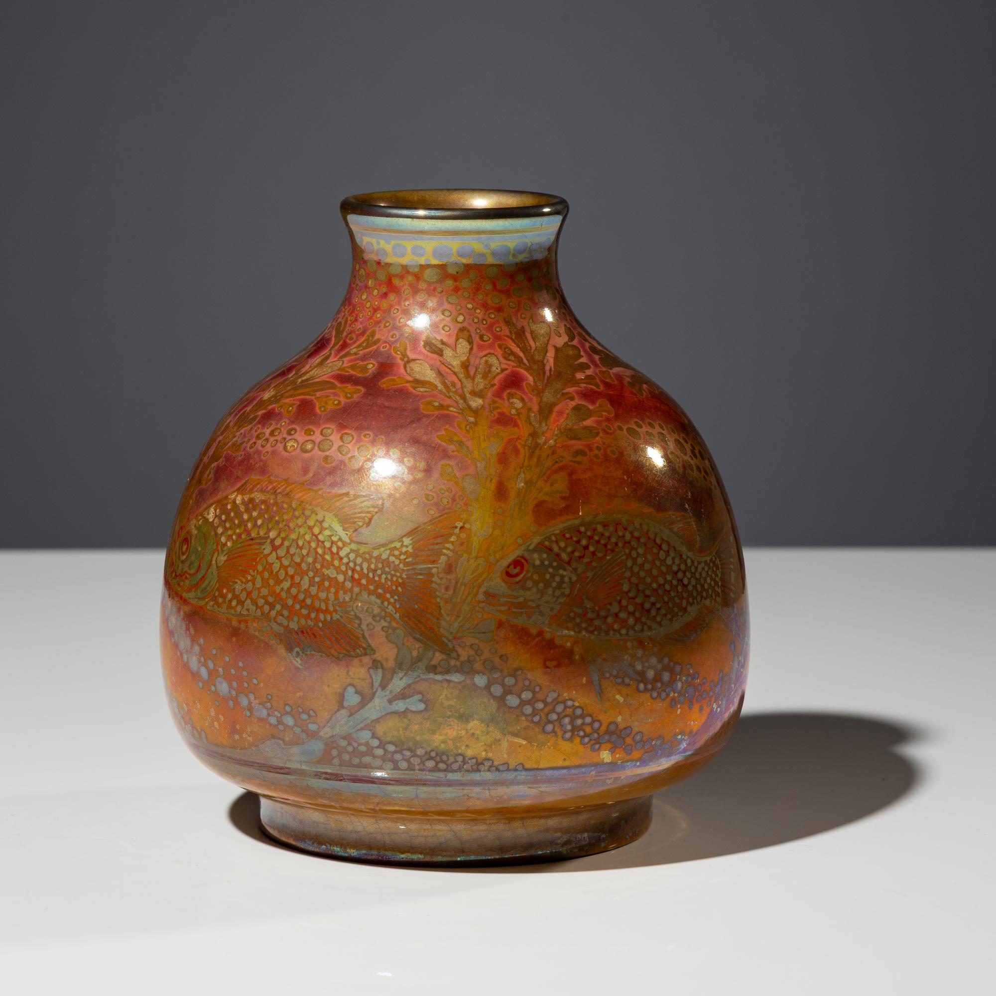 Lancastrian luster vase with fish decor, c. 1920