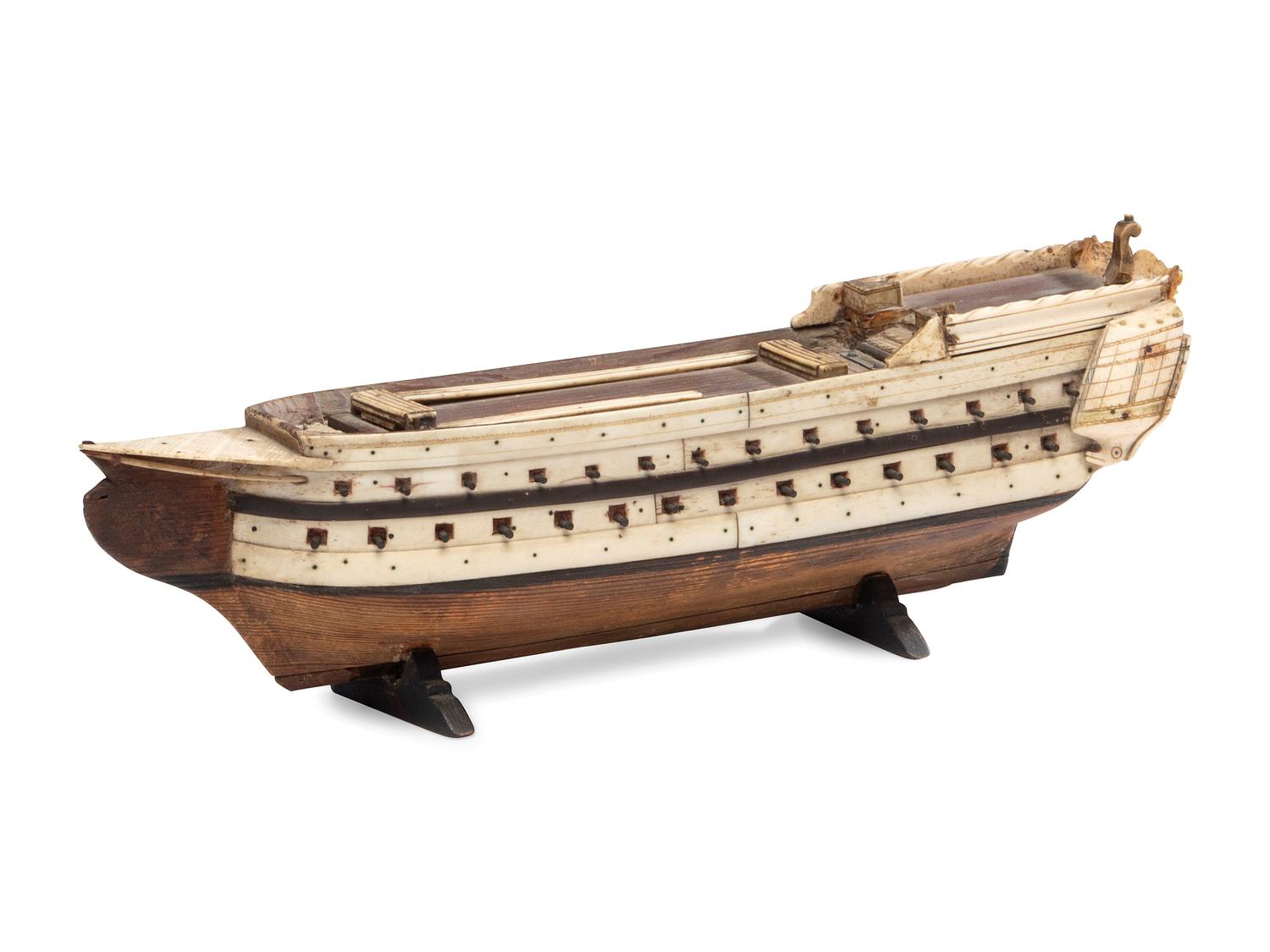A French Prisoner of War Fruitwood and Bone Model Gunship