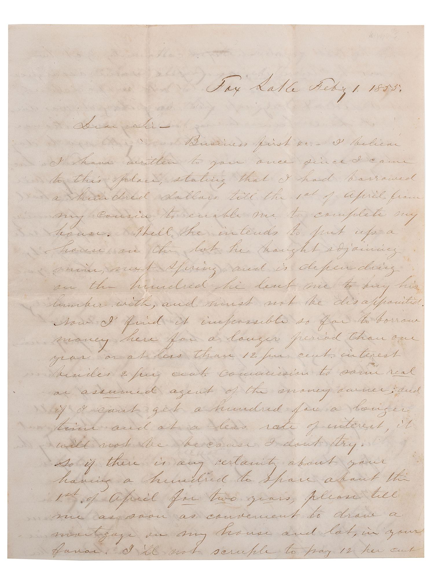 [SLAVERY & ABOLITION]. Letter from attorney with description of events surrounding the Booth and Rycraft cases, a significant legal battle related to the enforcement of the Fugitive Slave Law in Wisconsin. Fox Lake [Wisconsin], 1 February 1855.