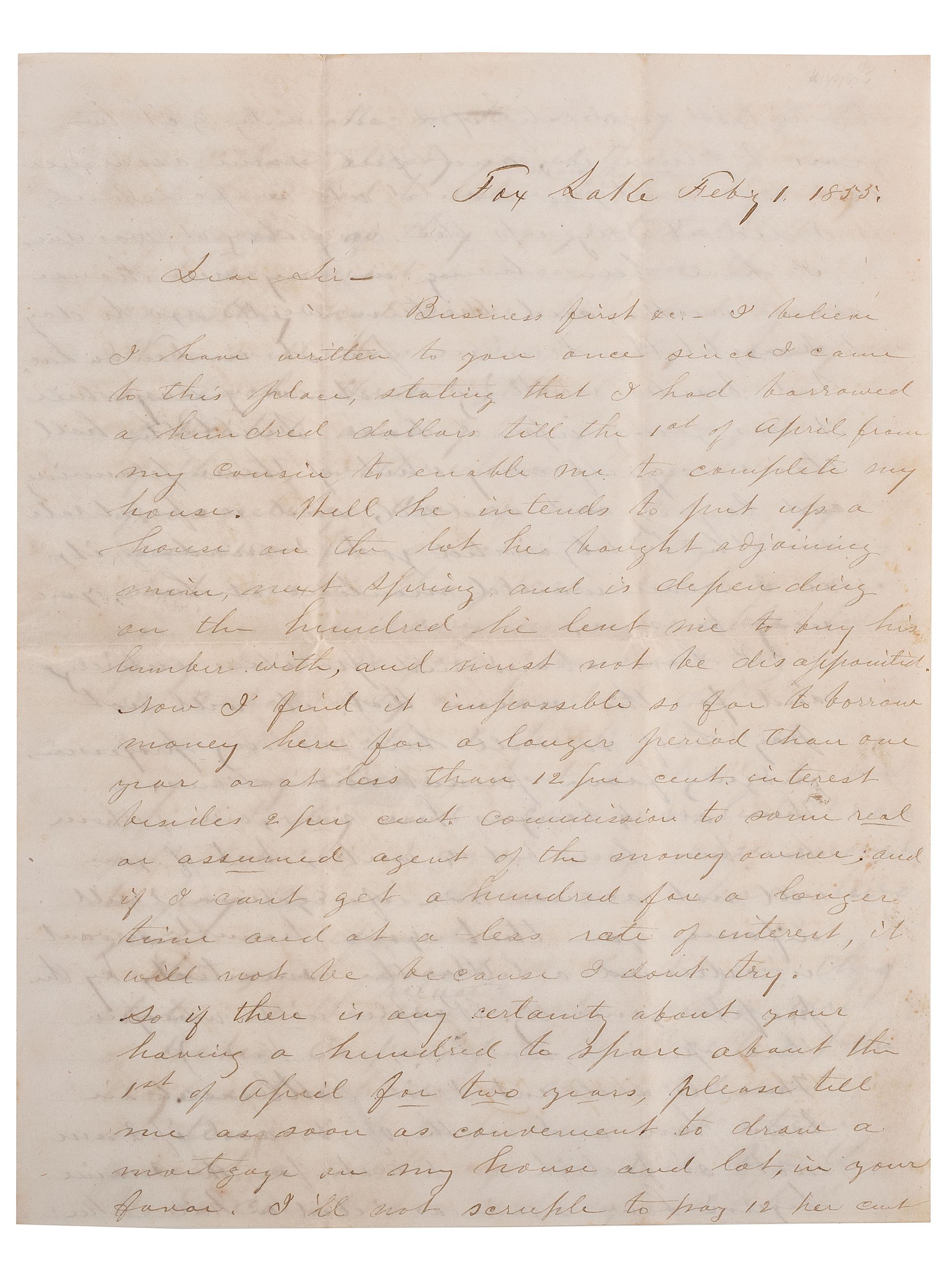 [SLAVERY & ABOLITION]. Letter from attorney with description of events surrounding the Booth and Rycraft cases, a significant legal battle related to the enforcement of the Fugitive Slave Law in Wisconsin. Fox Lake [Wisconsin], 1 February 1855.