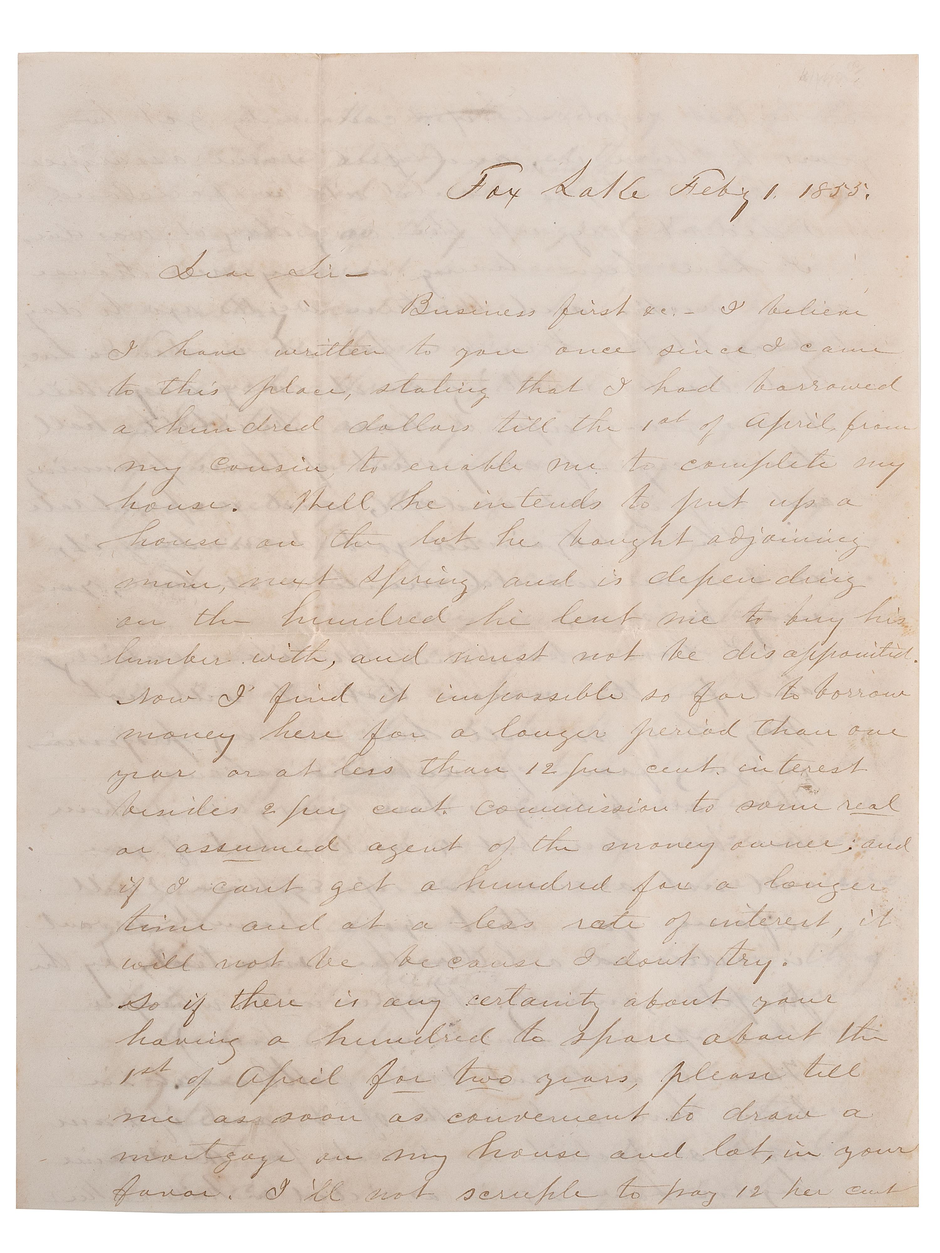 [SLAVERY & ABOLITION]. Letter from attorney with description of events surrounding the Booth and Rycraft cases, a significant legal battle related to the enforcement of the Fugitive Slave Law in Wisconsin. Fox Lake [Wisconsin], 1 February 1855.