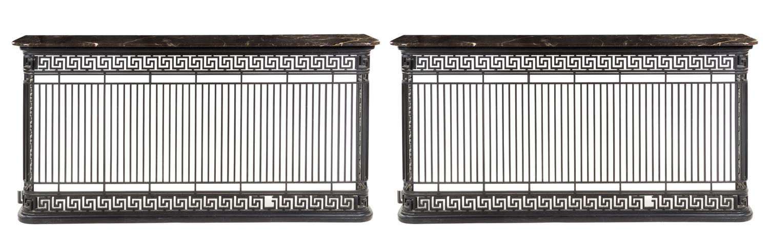 A Pair of Iron Balcony Grate Console Tables Height 42 x width 83 x depth 14 inches.