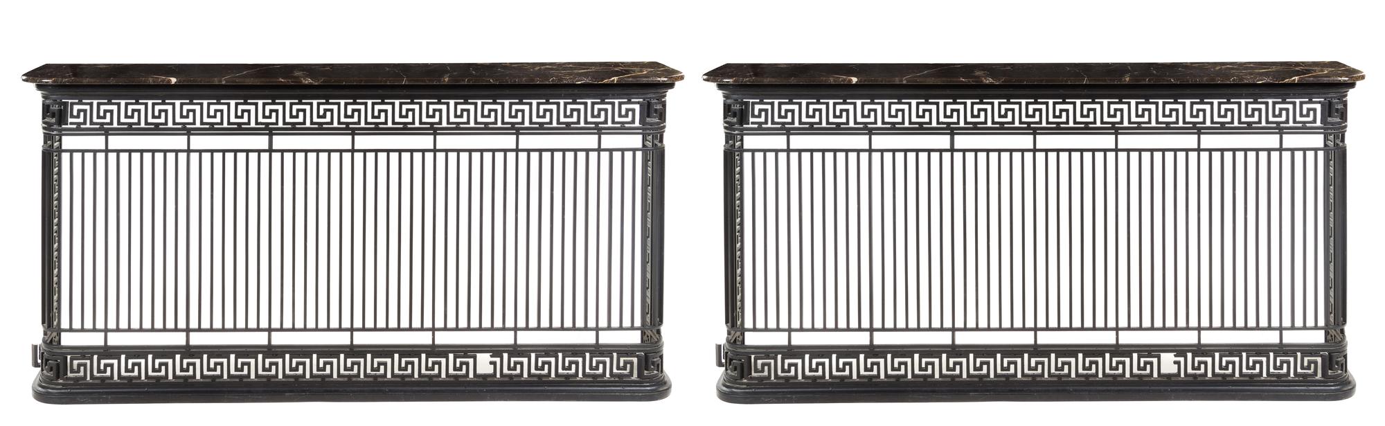 A Pair of Iron Balcony Grate Console Tables Height 42 x width 83 x depth 14 inches.