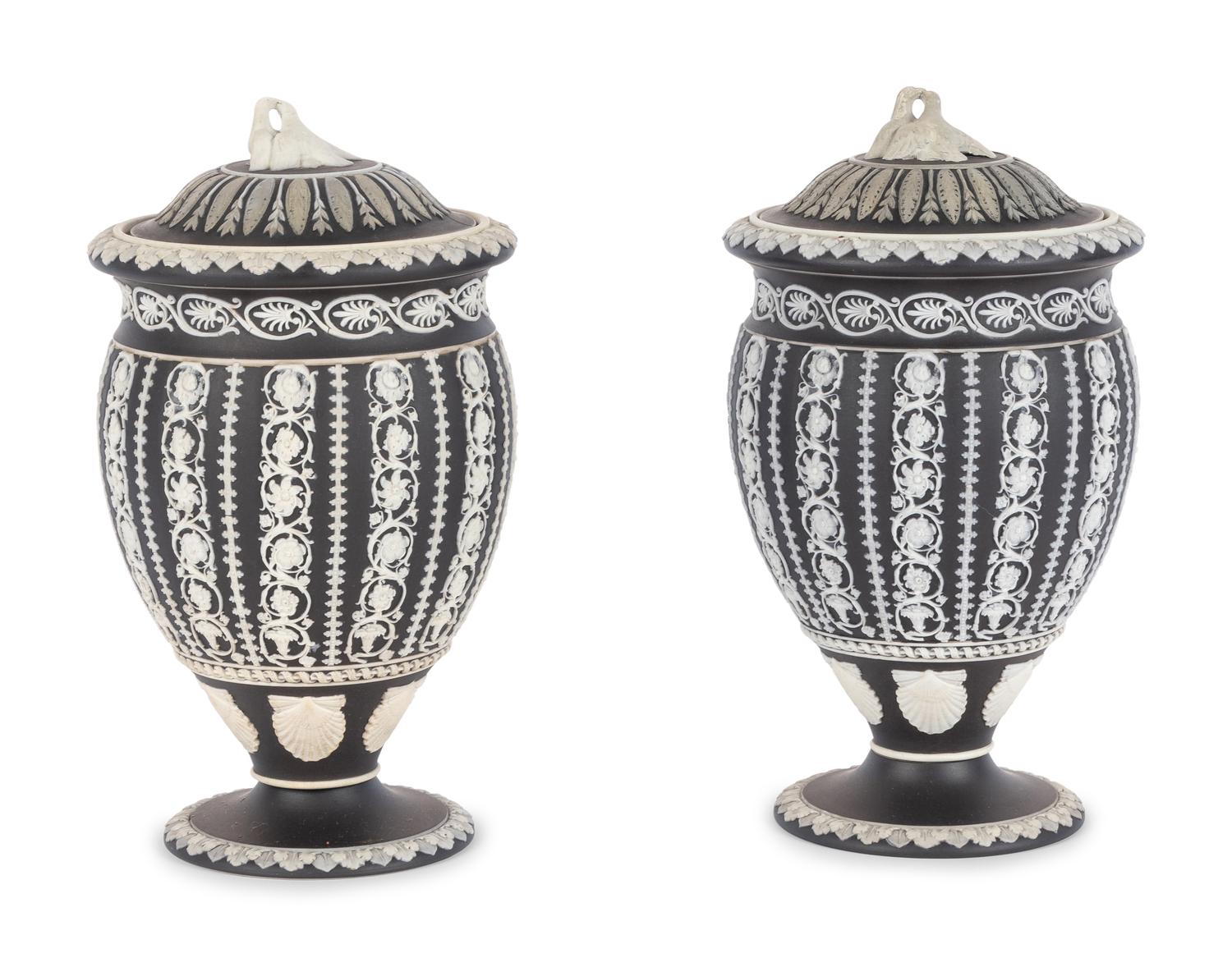 A Pair of Wedgwood Jasperware Covered Urns