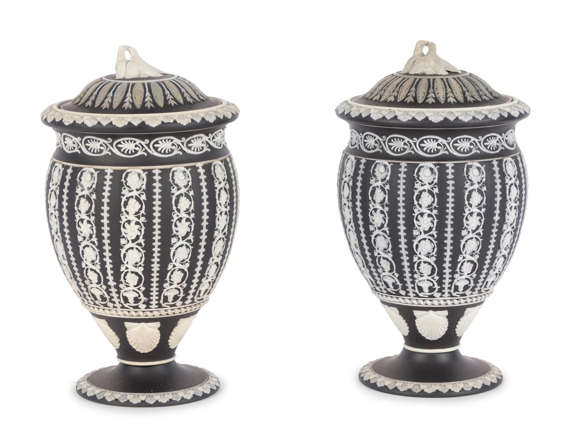 A Pair of Wedgwood Jasperware Covered Urns