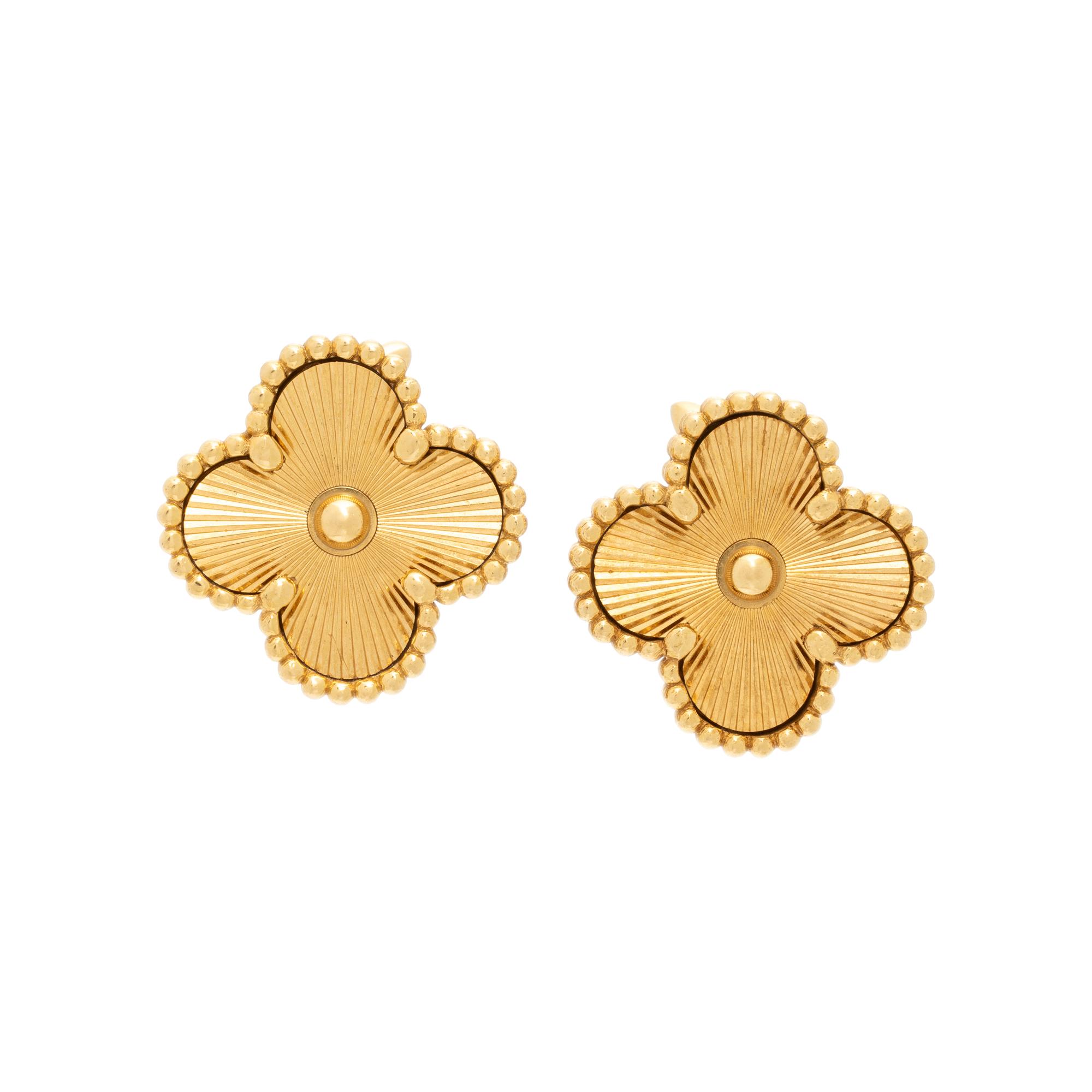 Van Cleef & Arpels, 'Alhambra', Yellow Gold Guilloché Earrings