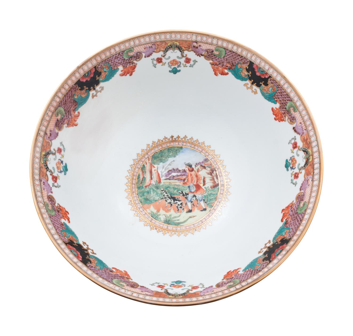 Two Chinese Export Famille Rose Porcelain 'Hunt' Punch Bowls