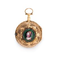 GILT-METAL, PASTE AND ENAMEL OPEN FACE POCKET WATCH