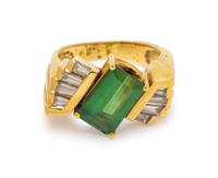 An 18 Karat Yellow Gold, Green Tourmaline and Diamond Ring,
