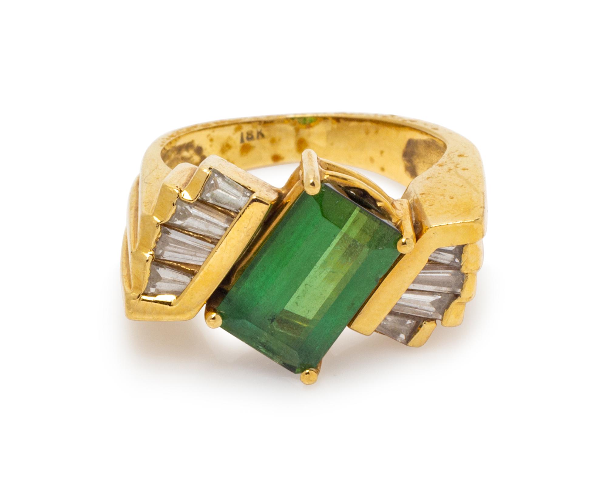 An 18 Karat Yellow Gold, Green Tourmaline and Diamond Ring,