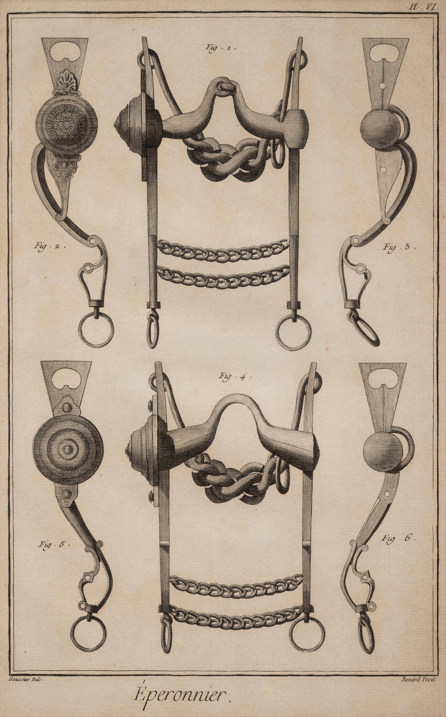Four Engravings Depicting Horse Spurs, after Louis-Jacques Goussier