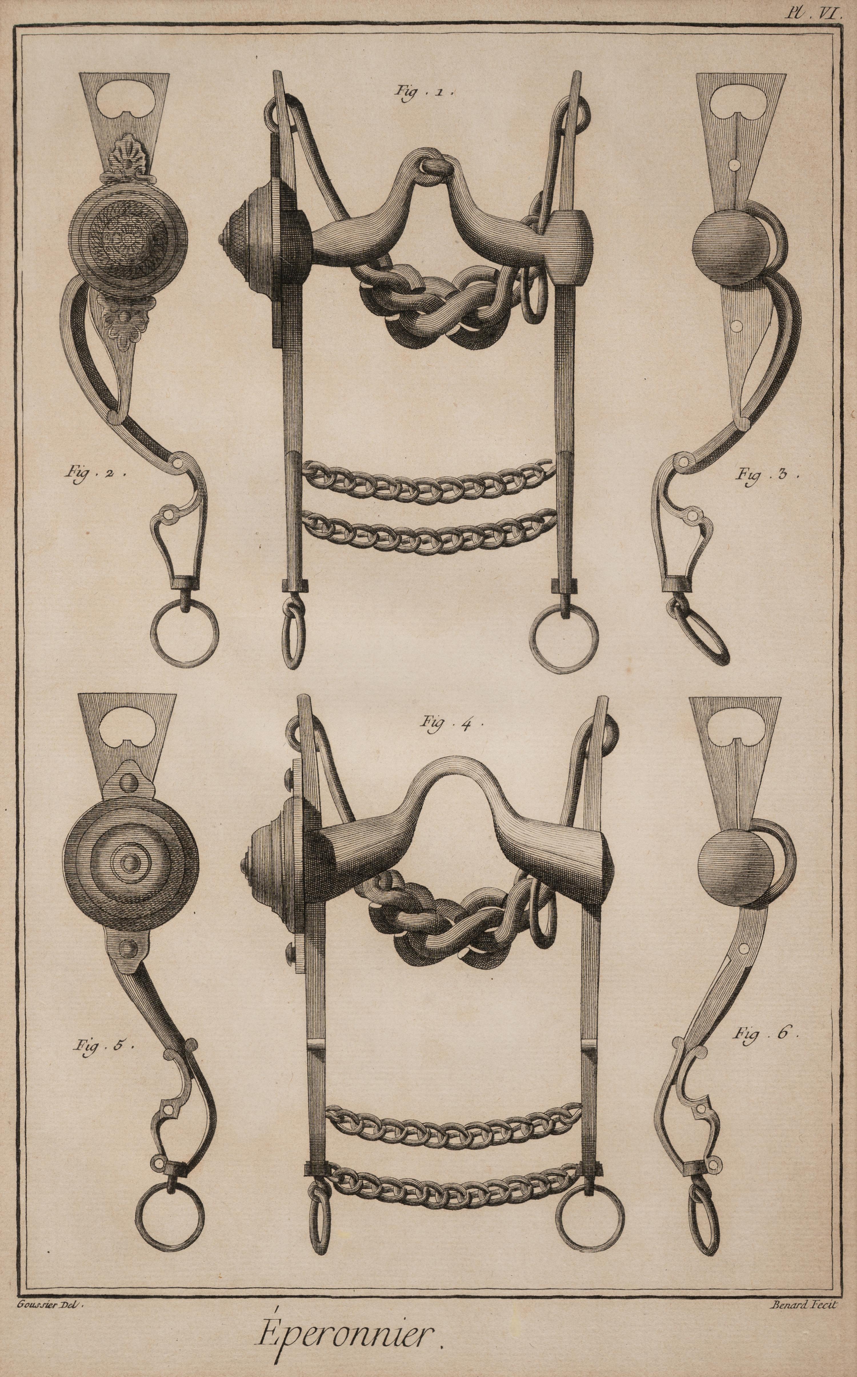 Four Engravings Depicting Horse Spurs, after Louis-Jacques Goussier