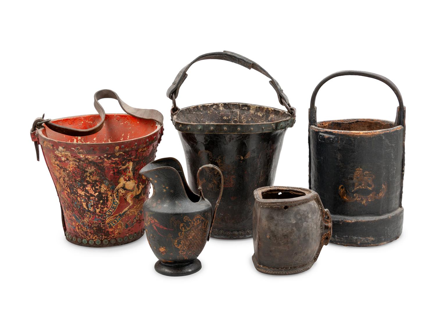 Three English Tooled Leather Fire Buckets