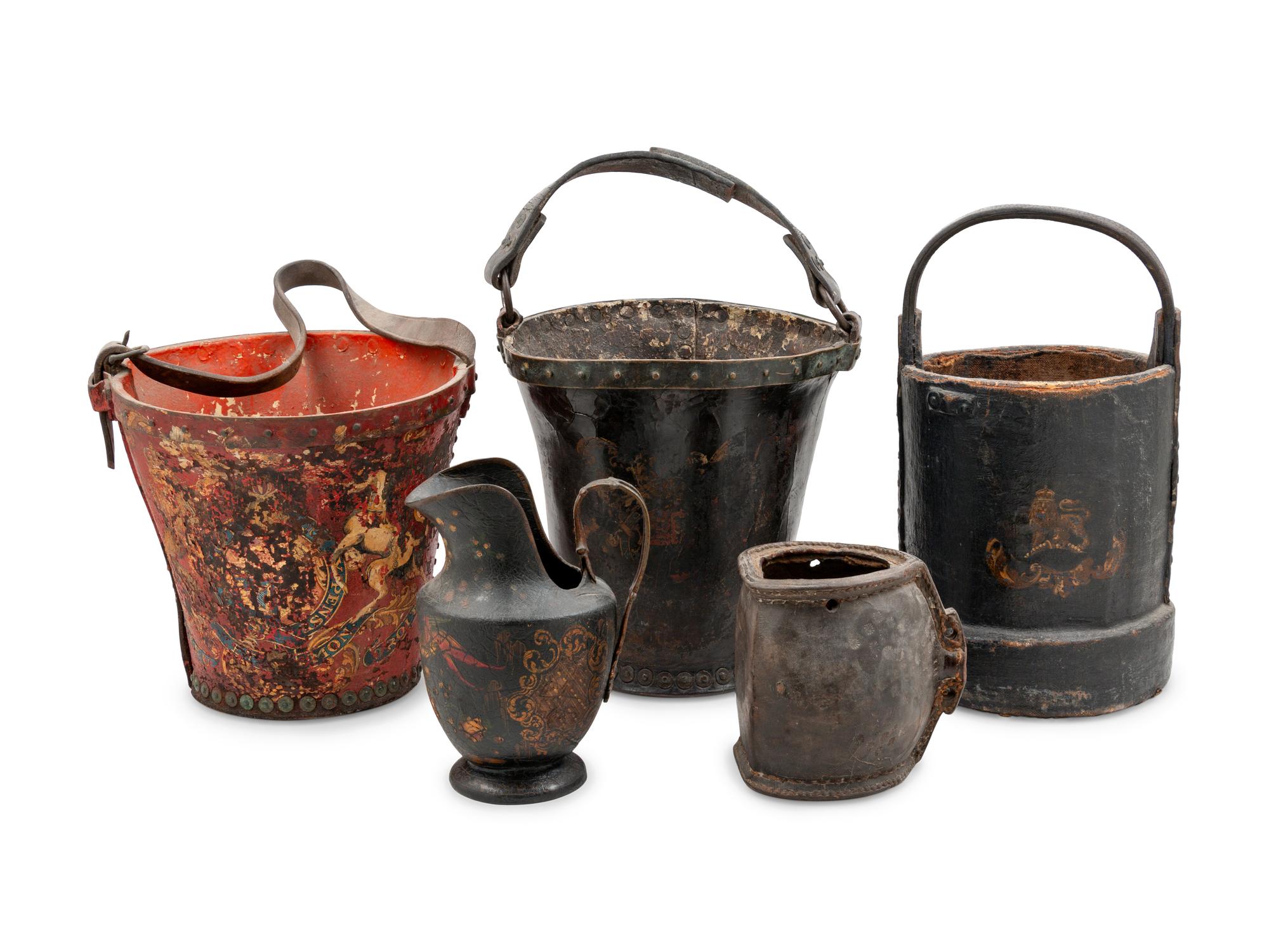 Three English Tooled Leather Fire Buckets