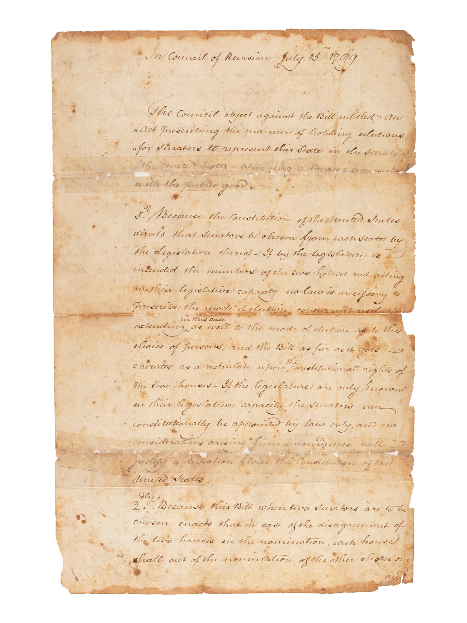 CLINTON, George (1739-1812). Council of Revision document twice-signed ("Geo. Clinton"), as Governor of New York, 15 July 1789.