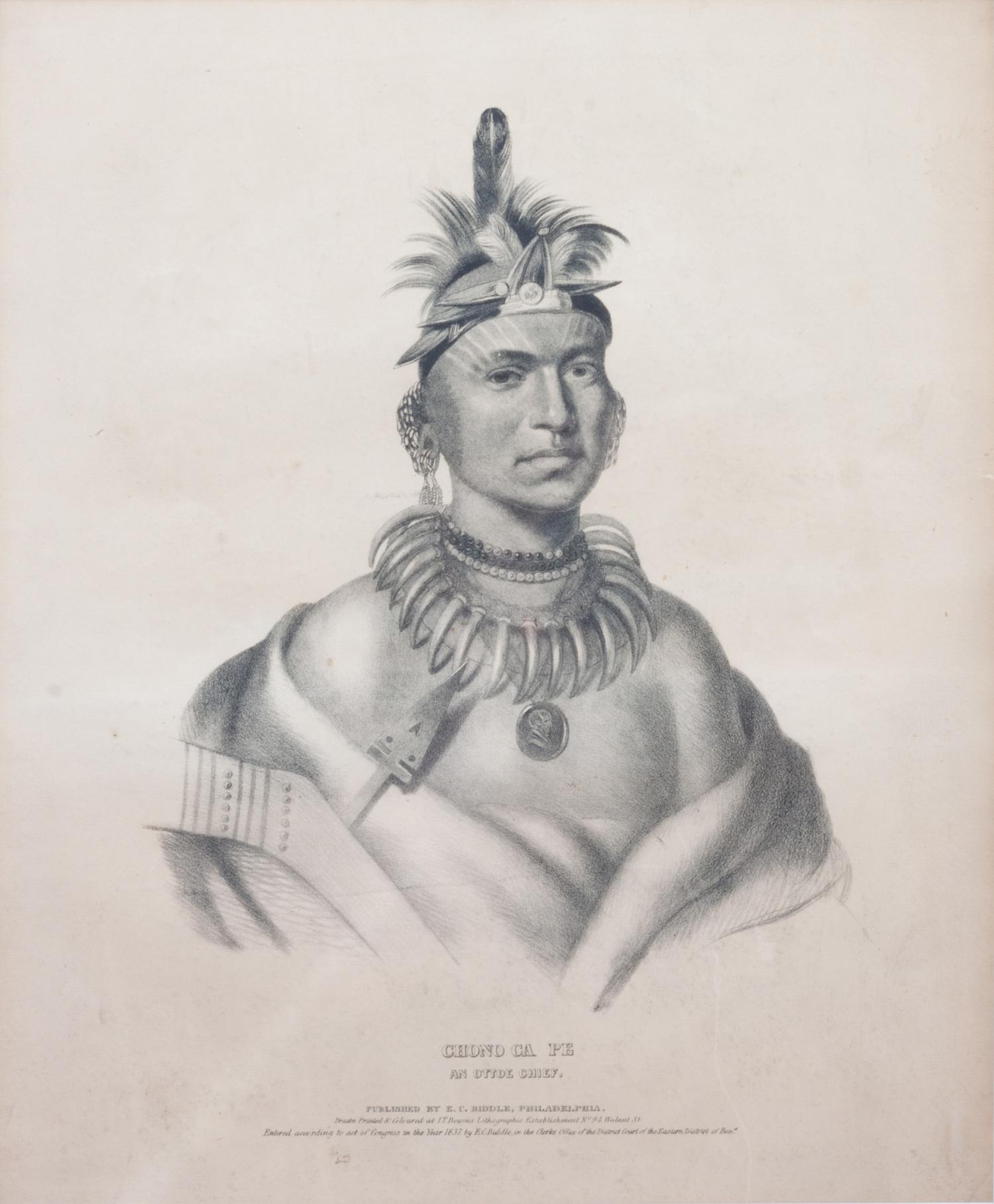 Lithograph from The History of the Indian Tribes of North America , titled Chono Ca Pe, An Ottoe Chief