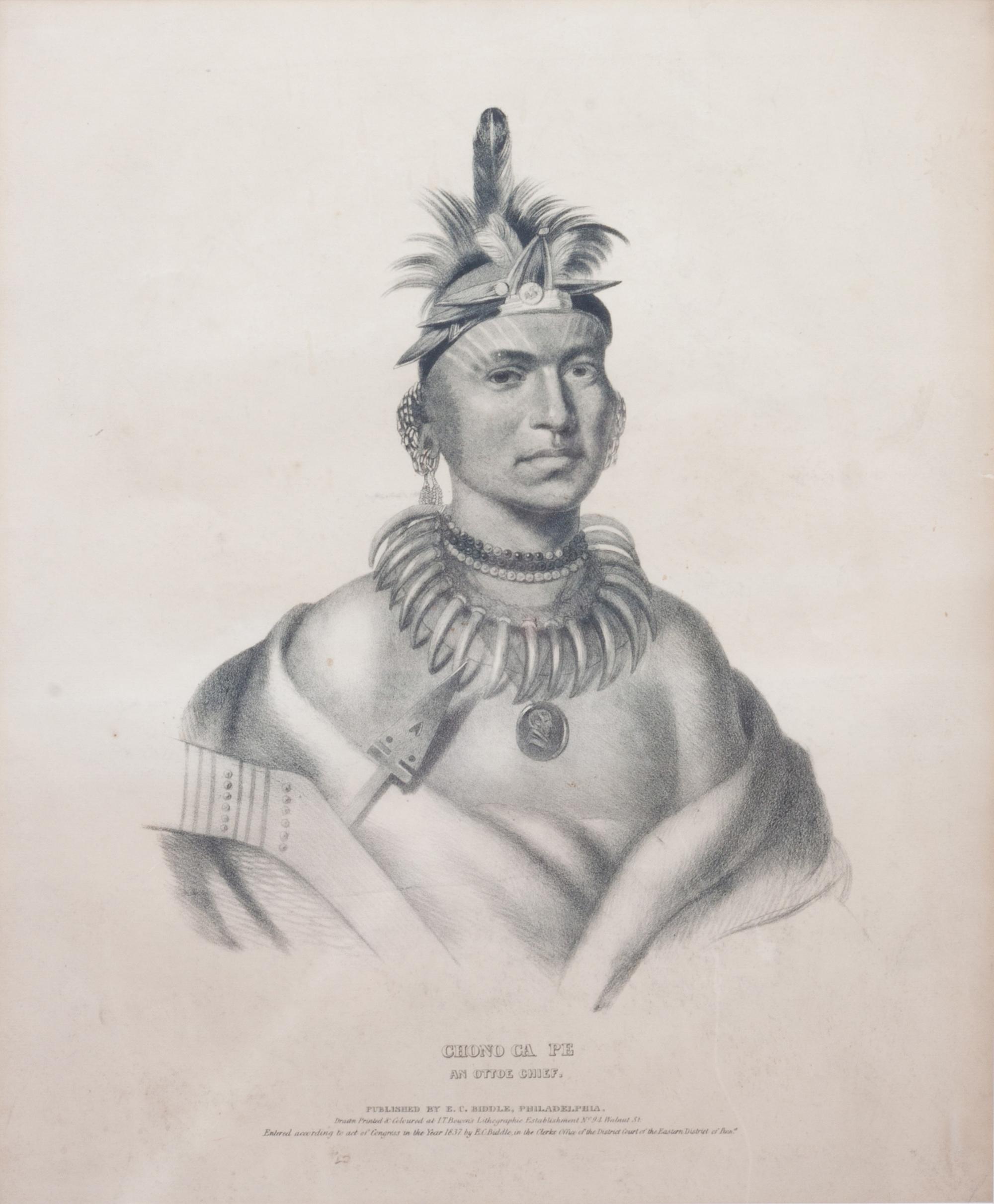 Lithograph from The History of the Indian Tribes of North America , titled Chono Ca Pe, An Ottoe Chief
