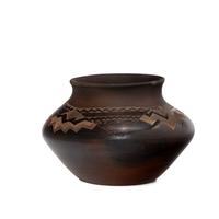 Black and Tan Sgraffito Pottery Jar, Geometric Elements