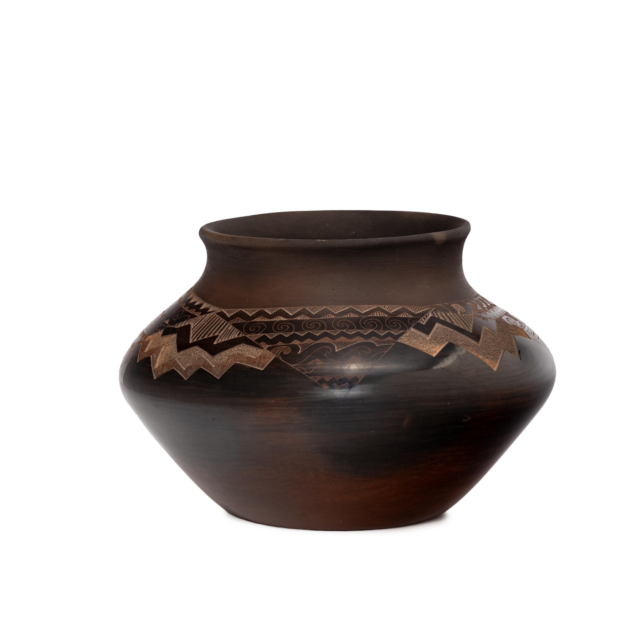 Black and Tan Sgraffito Pottery Jar, Geometric Elements