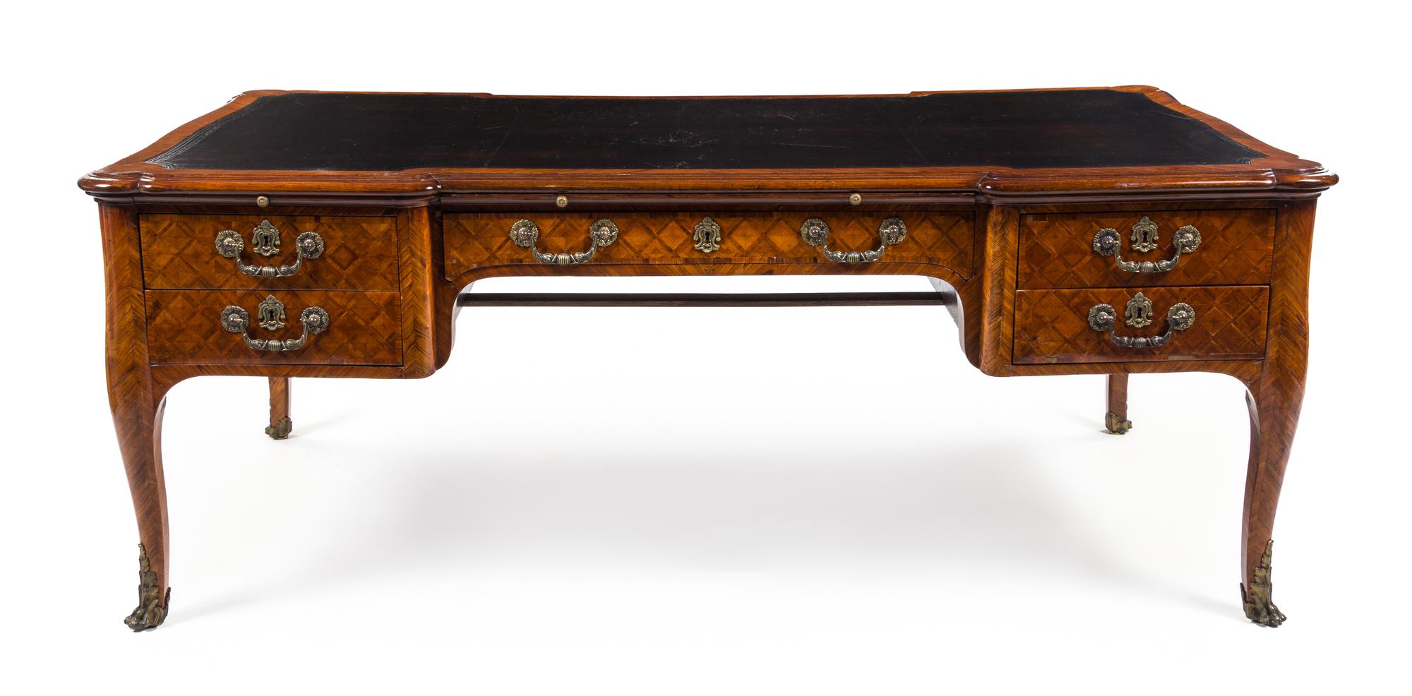 A Louis XV Style Kingwood and Parquetry Bureau Plat Height 30 1/2 x width 78 1/2 x depth 41 1/4 inches. — EARLY 20TH CENTURY