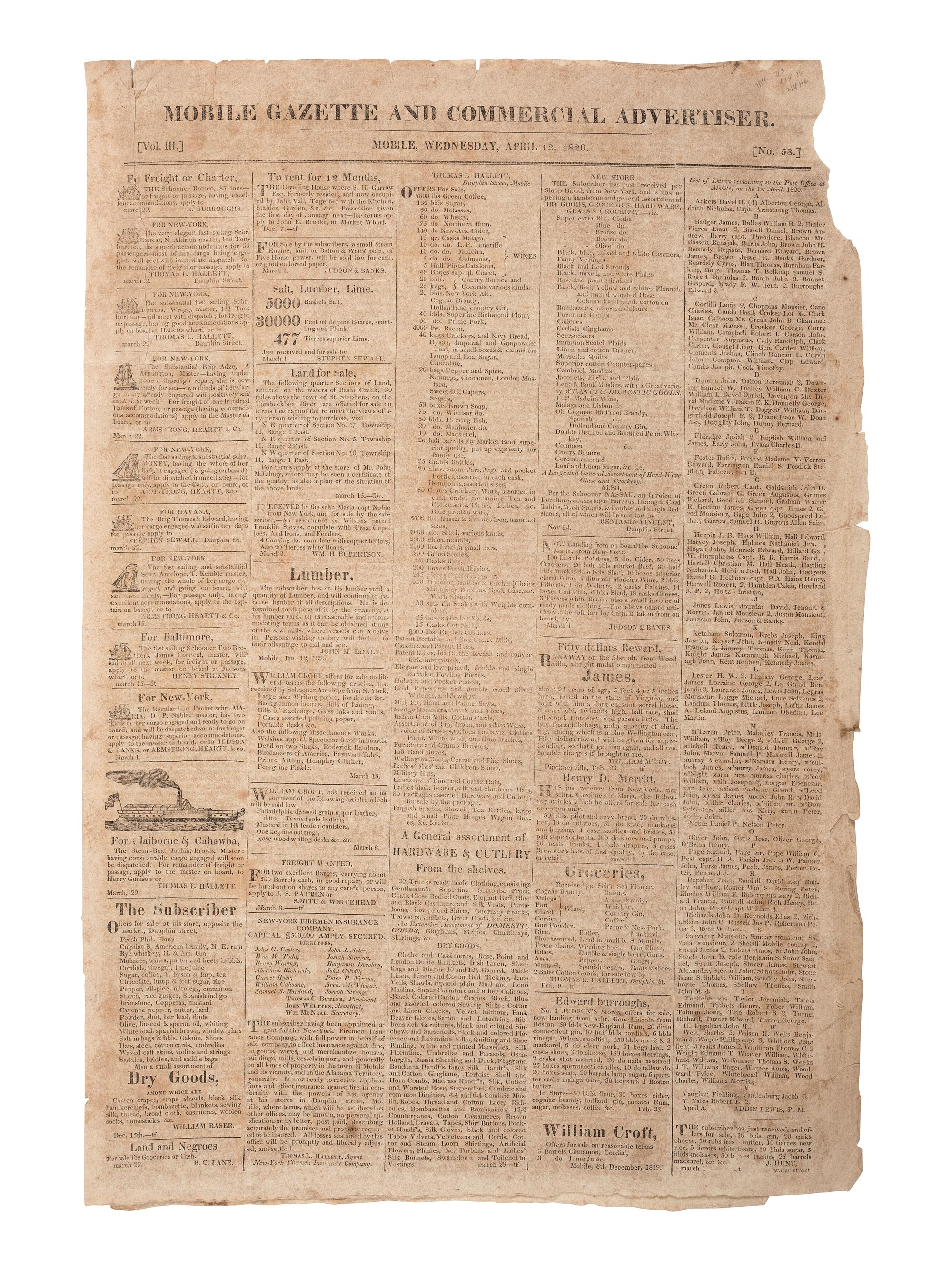 [ALABAMA - ENSLAVEMENT]. Mobile Gazette and Commercial Advertiser . 1820 issue incl. ads for enslaved.