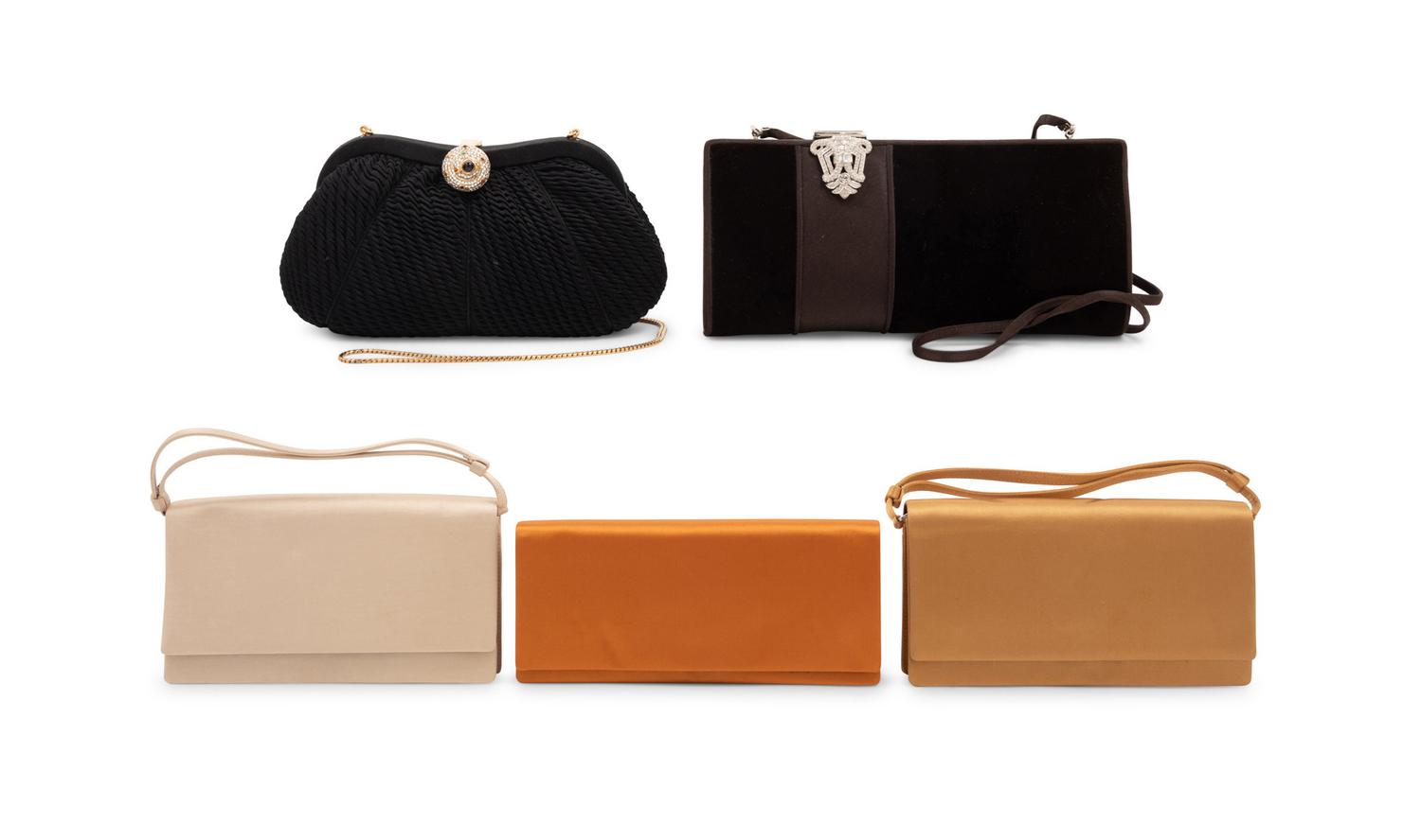 Five Designer Bags: Two Judith Leiber Bags, Three Prada Bags