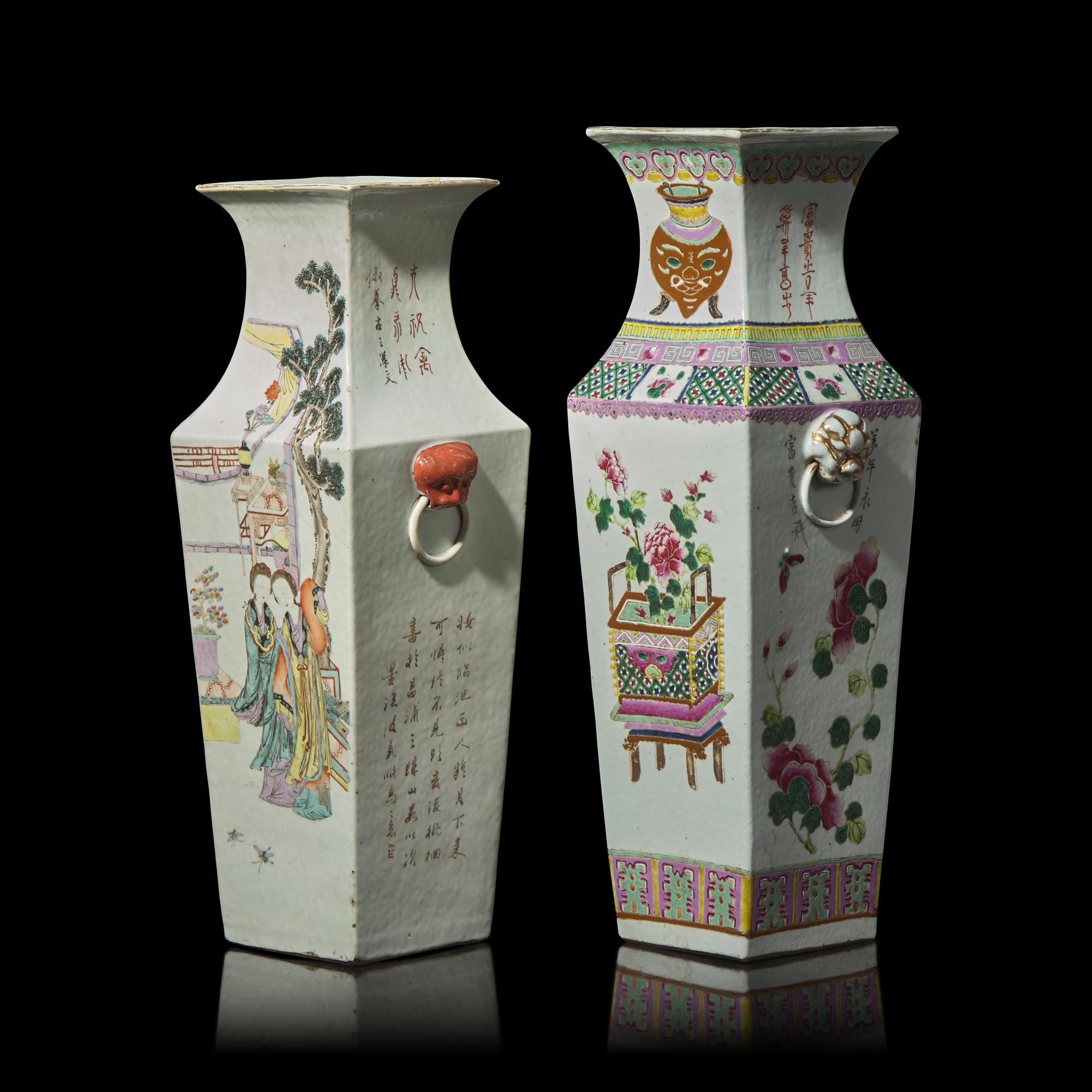 Two Chinese Famille Rose Porcelain Square Vases 粉彩四方瓶兩件