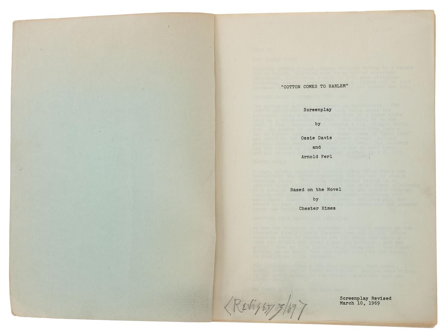 [FILM] -- [DAVIS, Ossie (1917-2005), his copy]. DAVIS, Ossie. Arnold Perl (1914-1971). Cotton Comes to Harlem Screenplay Revised. Los Angeles: Alert Duplicating Service, 1969.