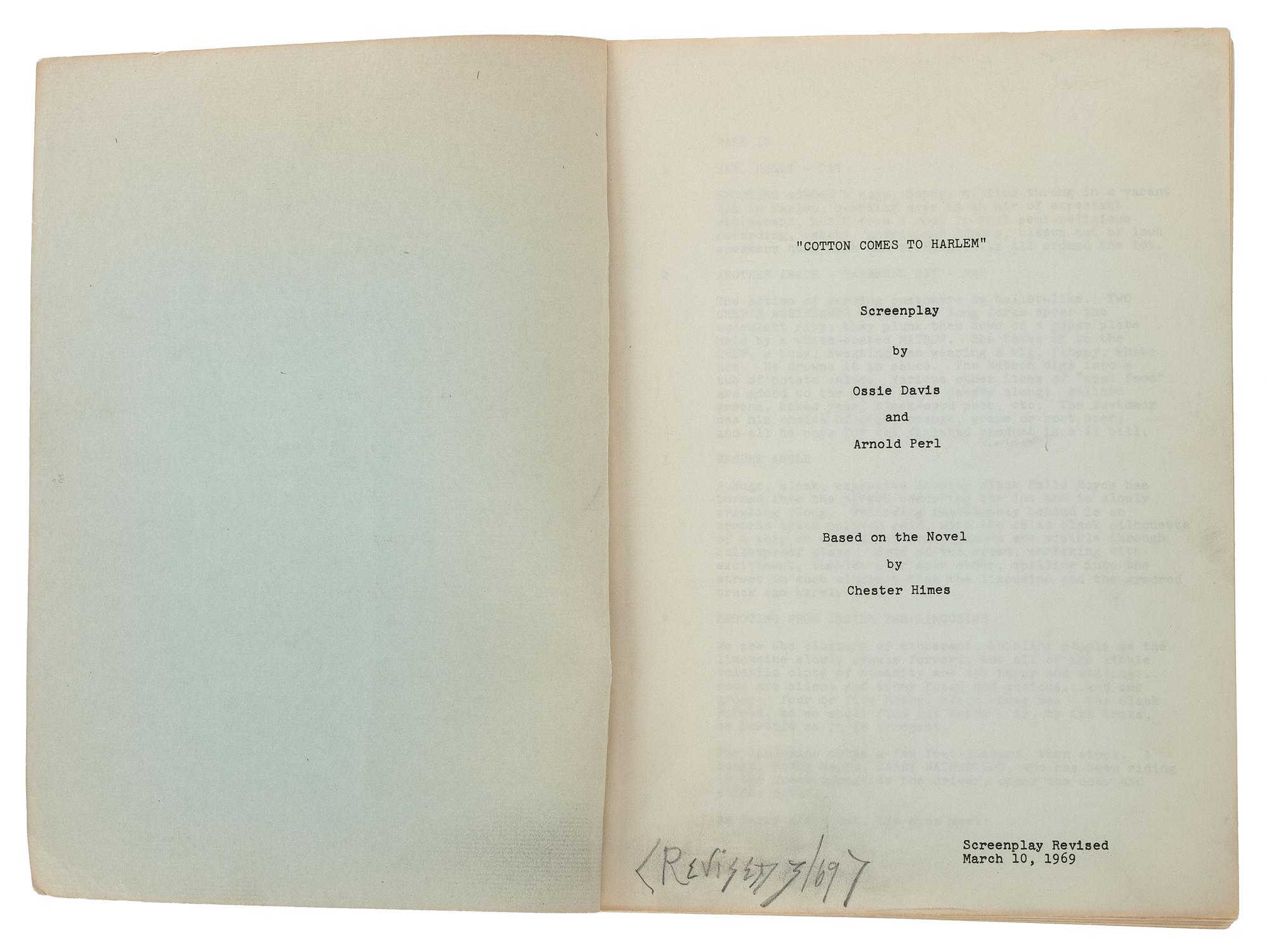 [FILM] -- [DAVIS, Ossie (1917-2005), his copy]. DAVIS, Ossie. Arnold Perl (1914-1971). Cotton Comes to Harlem Screenplay Revised. Los Angeles: Alert Duplicating Service, 1969.