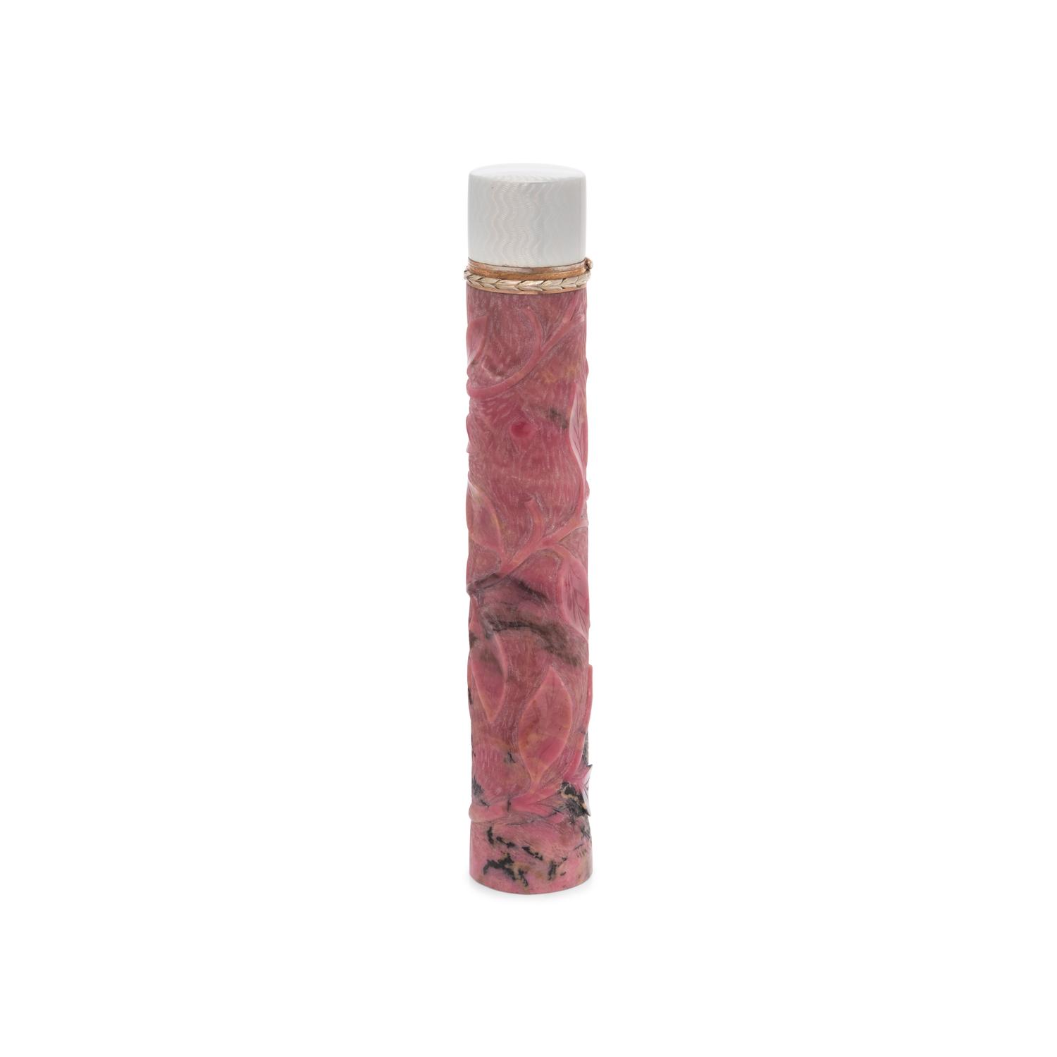 A Russian Silver Gilt and Guilloche Enamel Mounted Carved Rhodonite Cigar Holder