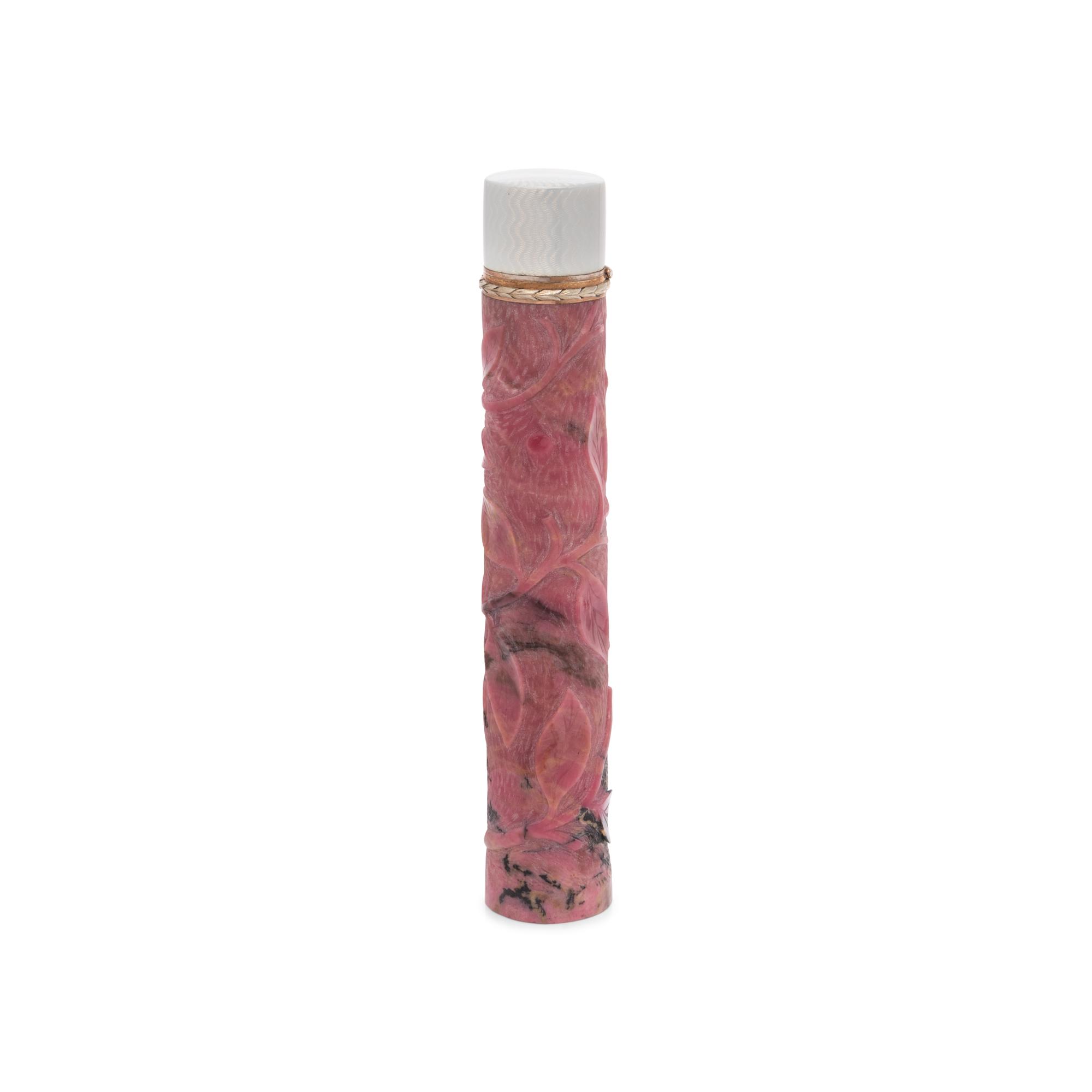 A Russian Silver Gilt and Guilloche Enamel Mounted Carved Rhodonite Cigar Holder