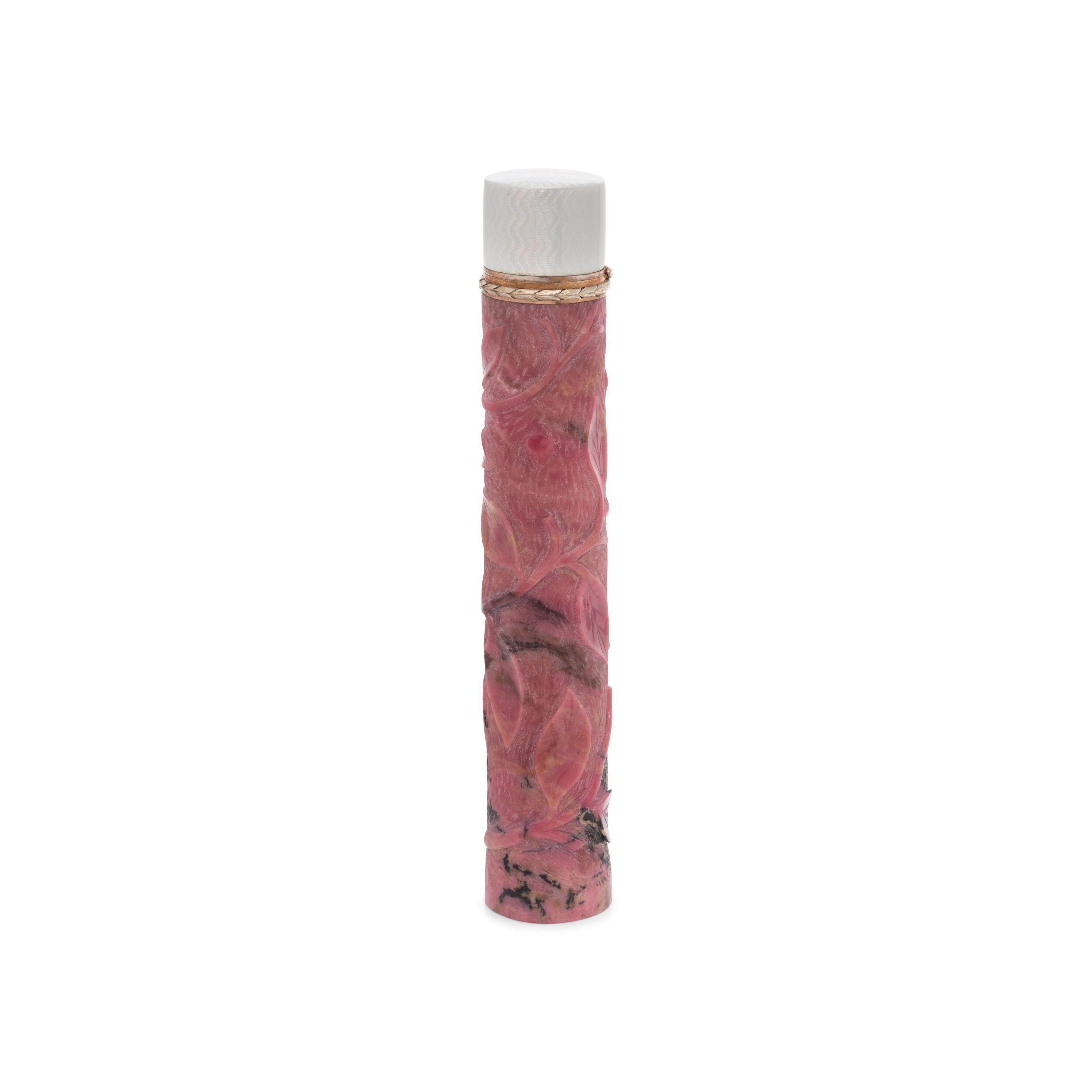 A Russian Silver Gilt and Guilloche Enamel Mounted Carved Rhodonite Cigar Holder