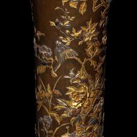 A Pair of Japanese Parcel Gilt and Patinated Bronze Vase, Signed Kyoto Inoue sei , Meiji Period 明治時期 京都井上製花鳥紋銅瓶一對