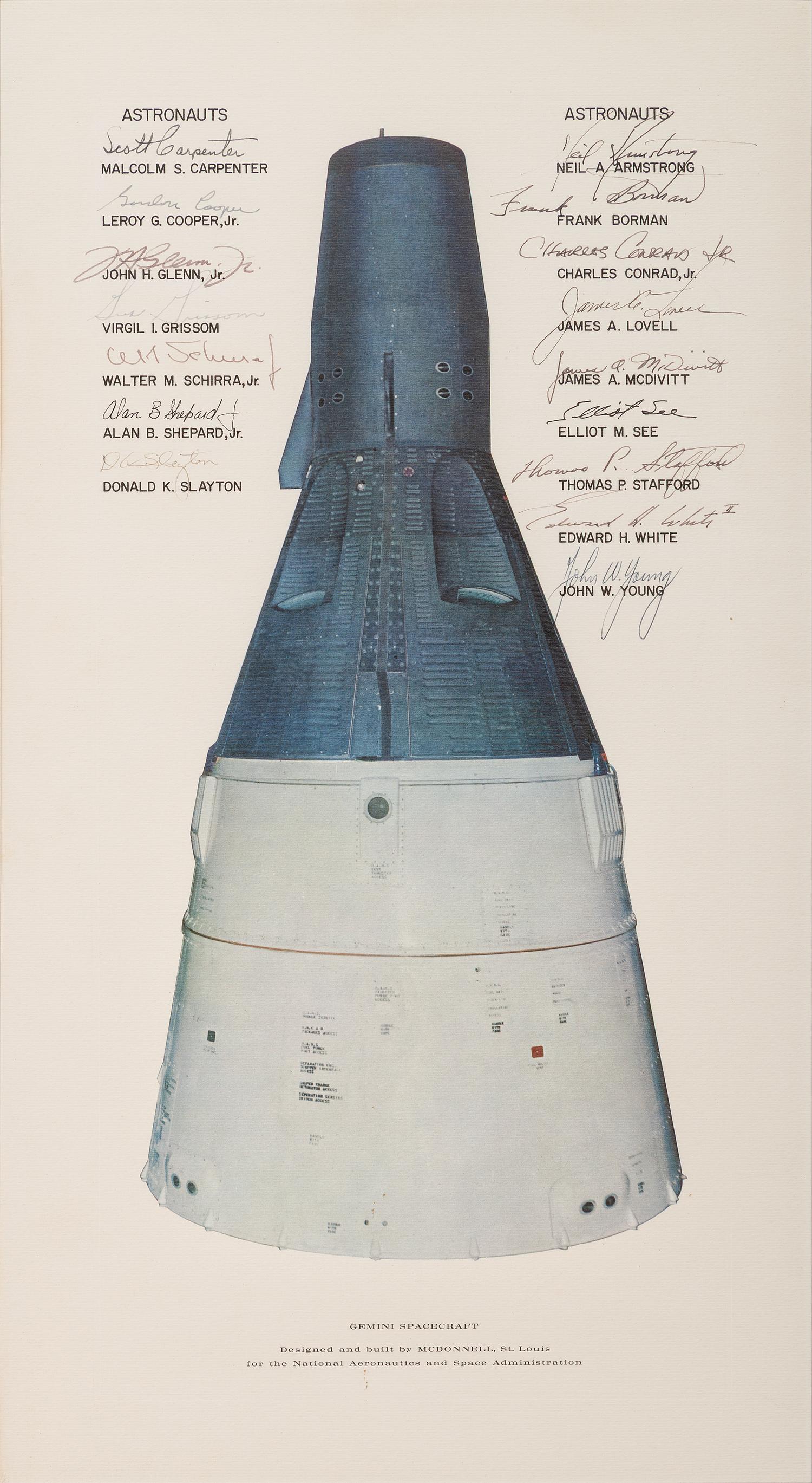 [SPACE EXPLORATION]. Gemini Spacecraft . Lithograph signed by Gemini and Mercury astronauts.