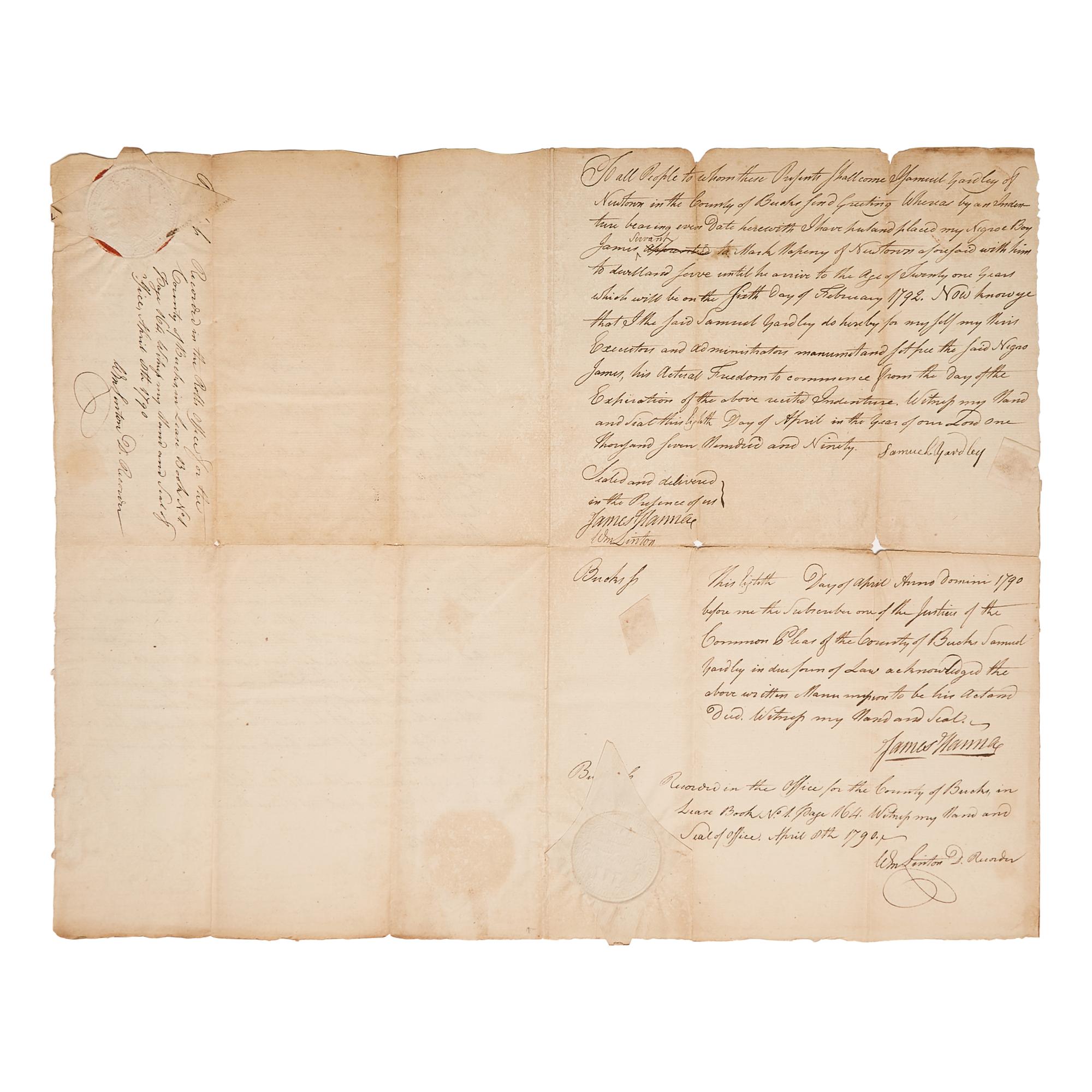 [African-Americana] [Abolition] Yardley, Samuel. Manuscript Indenture of Servitude and Manumission