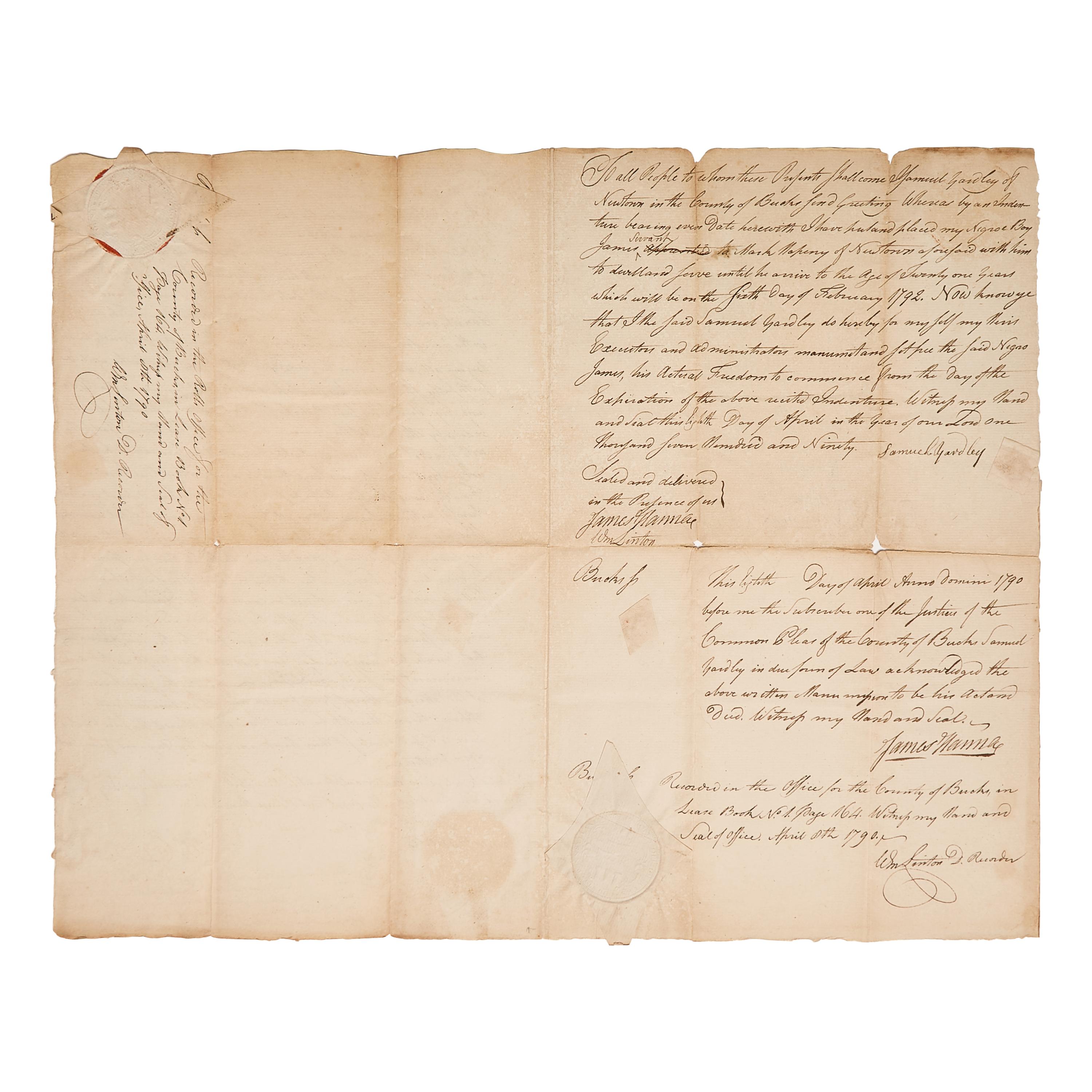 [African-Americana] [Abolition] Yardley, Samuel. Manuscript Indenture of Servitude and Manumission