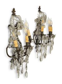 A Pair of French Glass-Beaded Metal Three-Light Sconces