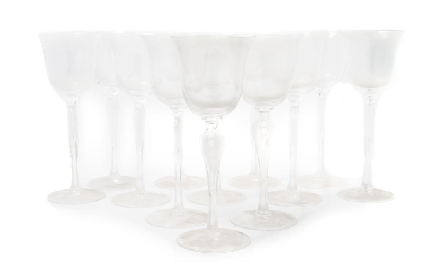 A Set of Twelve Igor Carl Faberge Frosted Glass Wine Stems Height 8 1/8 inches.