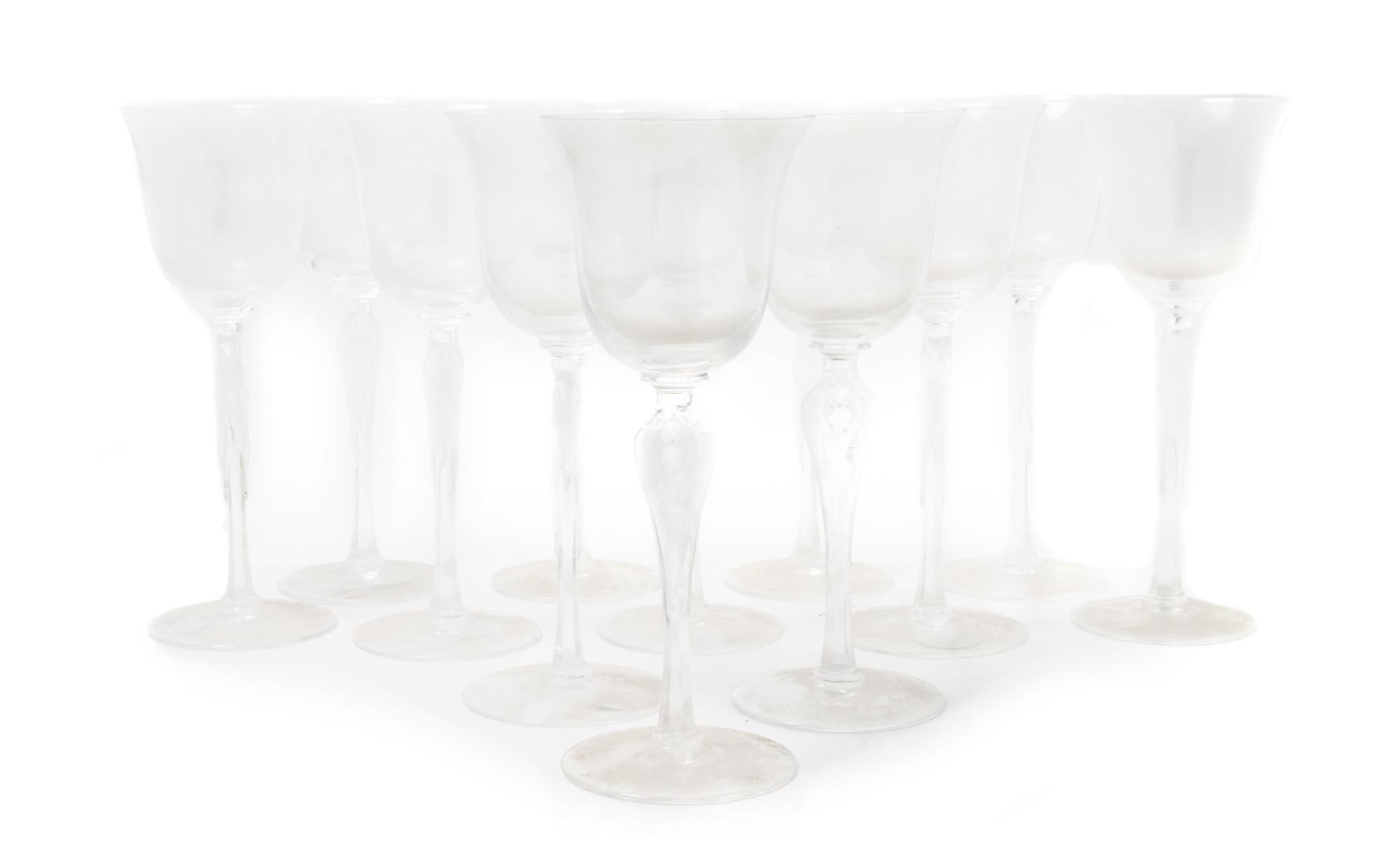 A Set of Twelve Igor Carl Faberge Frosted Glass Wine Stems Height 8 1/8 inches.