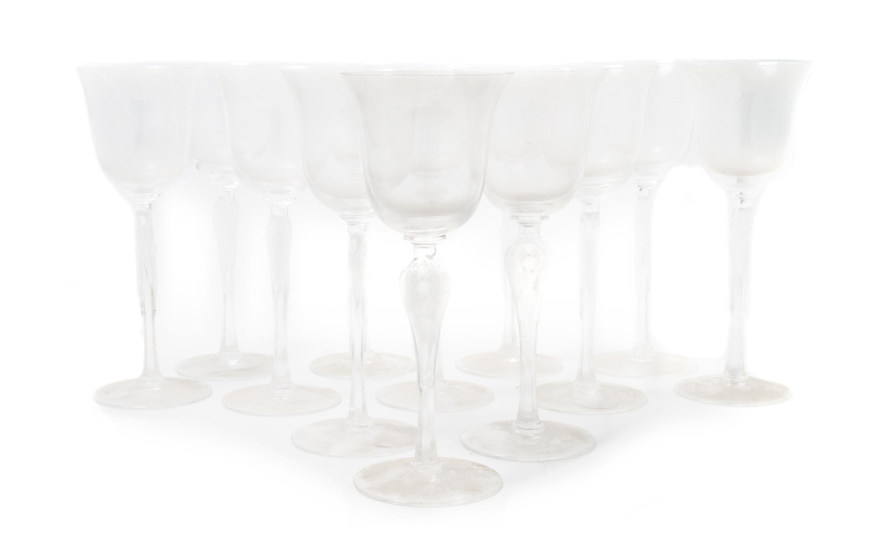 A Set of Twelve Igor Carl Faberge Frosted Glass Wine Stems Height 8 1/8 inches.