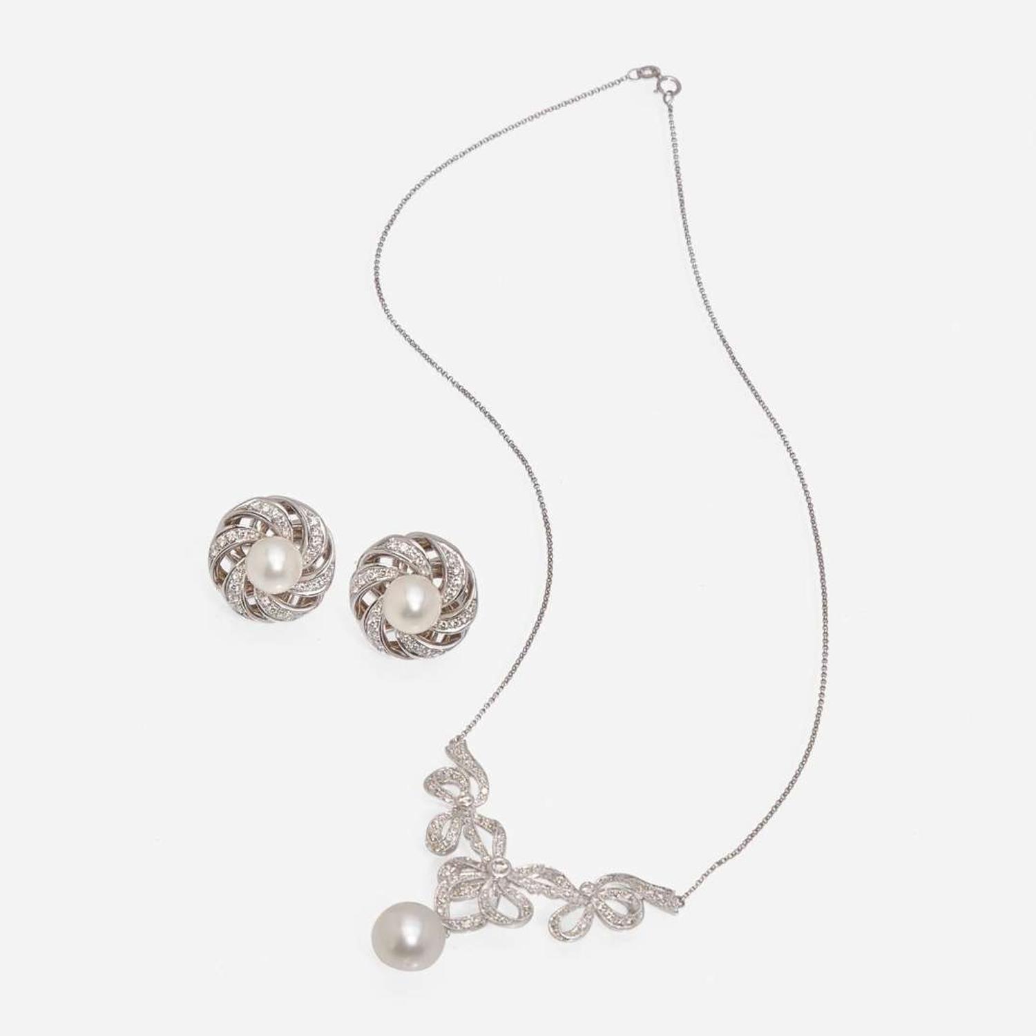 A Matching Set of Cultured Pearl, Diamond, and 18K Gold Necklace and Earrings