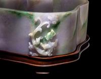 A Large Chinese Lavender and Apple Green Jadeite Ruyi- Form Brush Washer