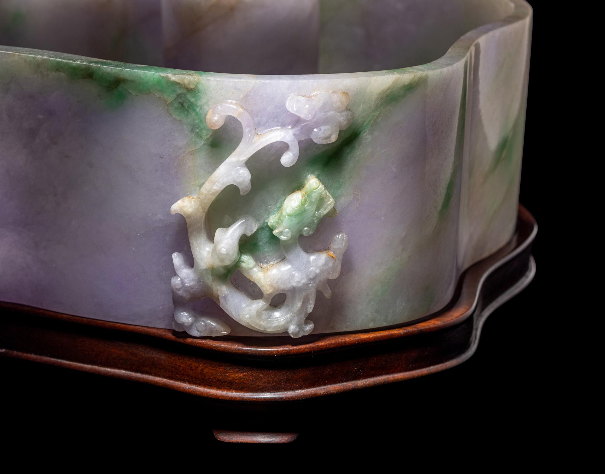 A Large Chinese Lavender and Apple Green Jadeite Ruyi- Form Brush Washer
