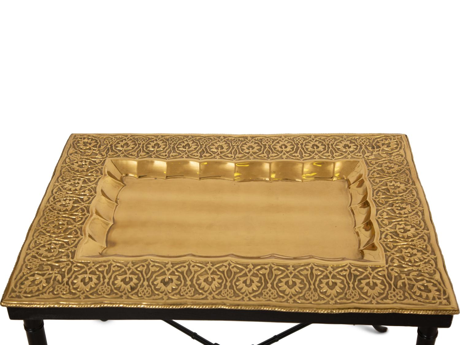 Two Chased Brass Tray-Top Occasional Tables with Ebonized and Gilt Stands — 20th Century